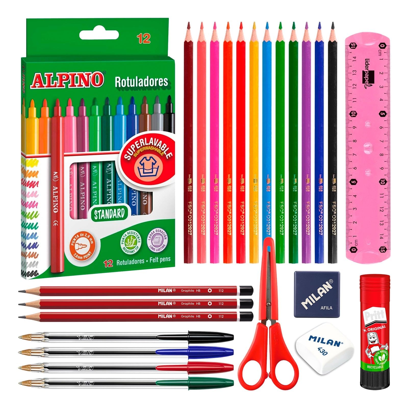 ColePack Eco - Lote de Estuche Portatodo Triple con 3 Cremalleras y Material Escolar de Primeras Marcas Incluido (Eco Azul)