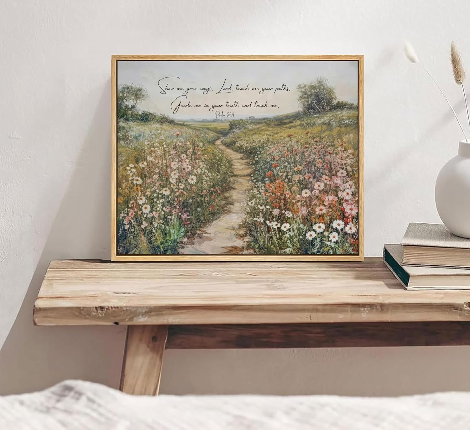 Framed Christian Floral Scripture Canvas Wall Art Wildflower Meadow Bible Verse Wall Decor Religious Beliefs Poster Print Artwork for Living Room Bedroom Church Home Decoration