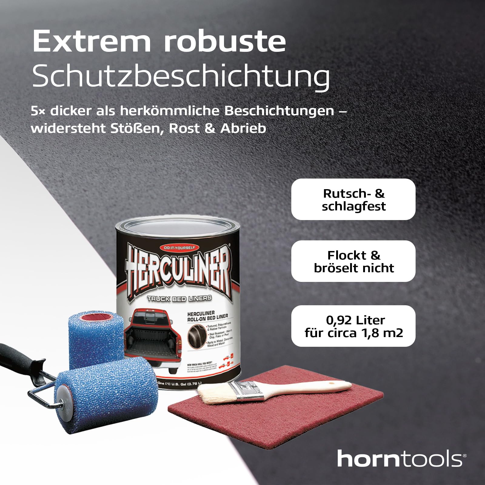 horntools Herculiner 1,8m2 Kit - Unterbodenschutz Schwarz - Strapazierfähige, rutschfeste Schutzfarbe im Set - Auto-Beschichtung - Ladeflächenbeschichtung - Rostschutzmittel