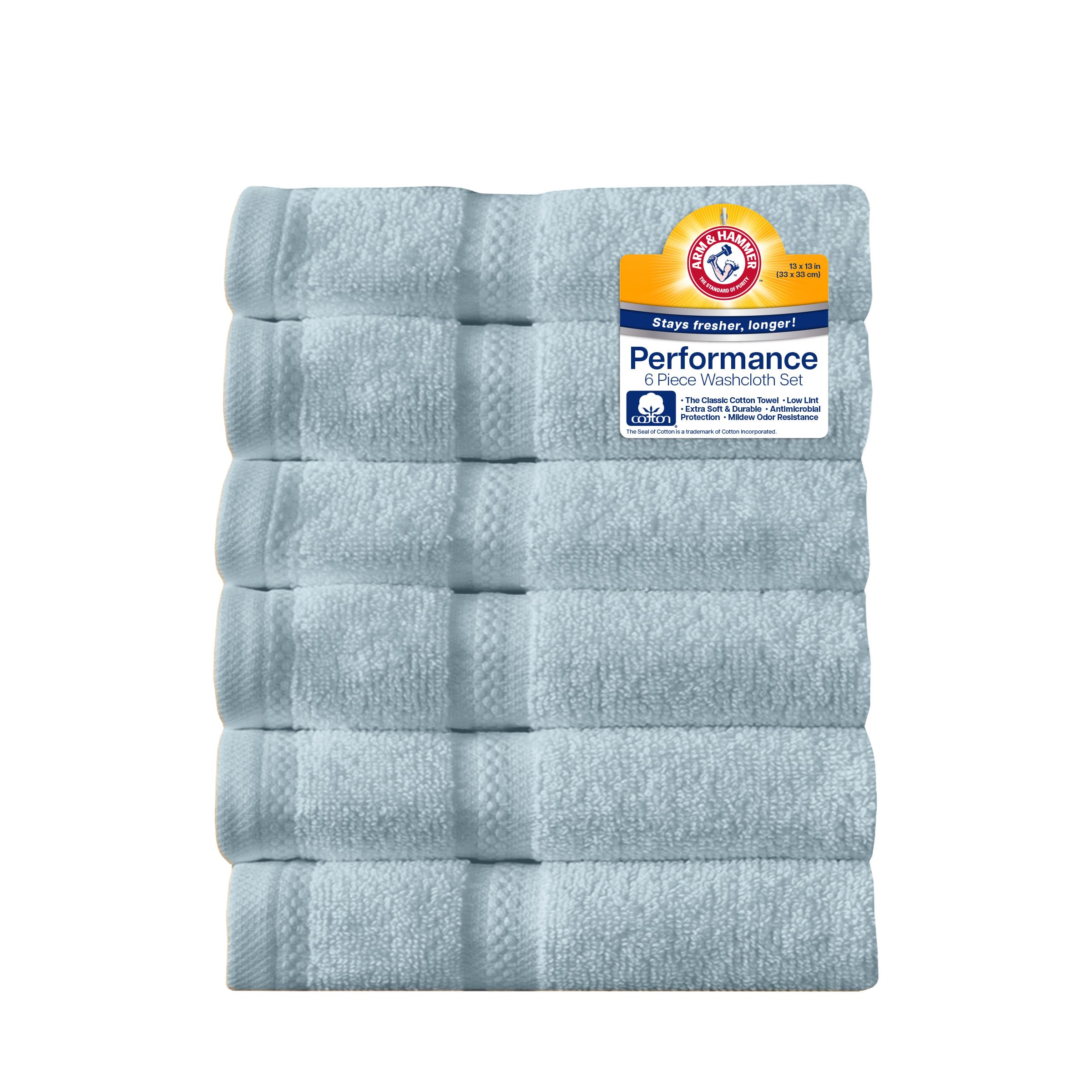 Gants de toilette Arm & Hammer bleu clair par lot de 6 en coton doux pour la douche au quotidien