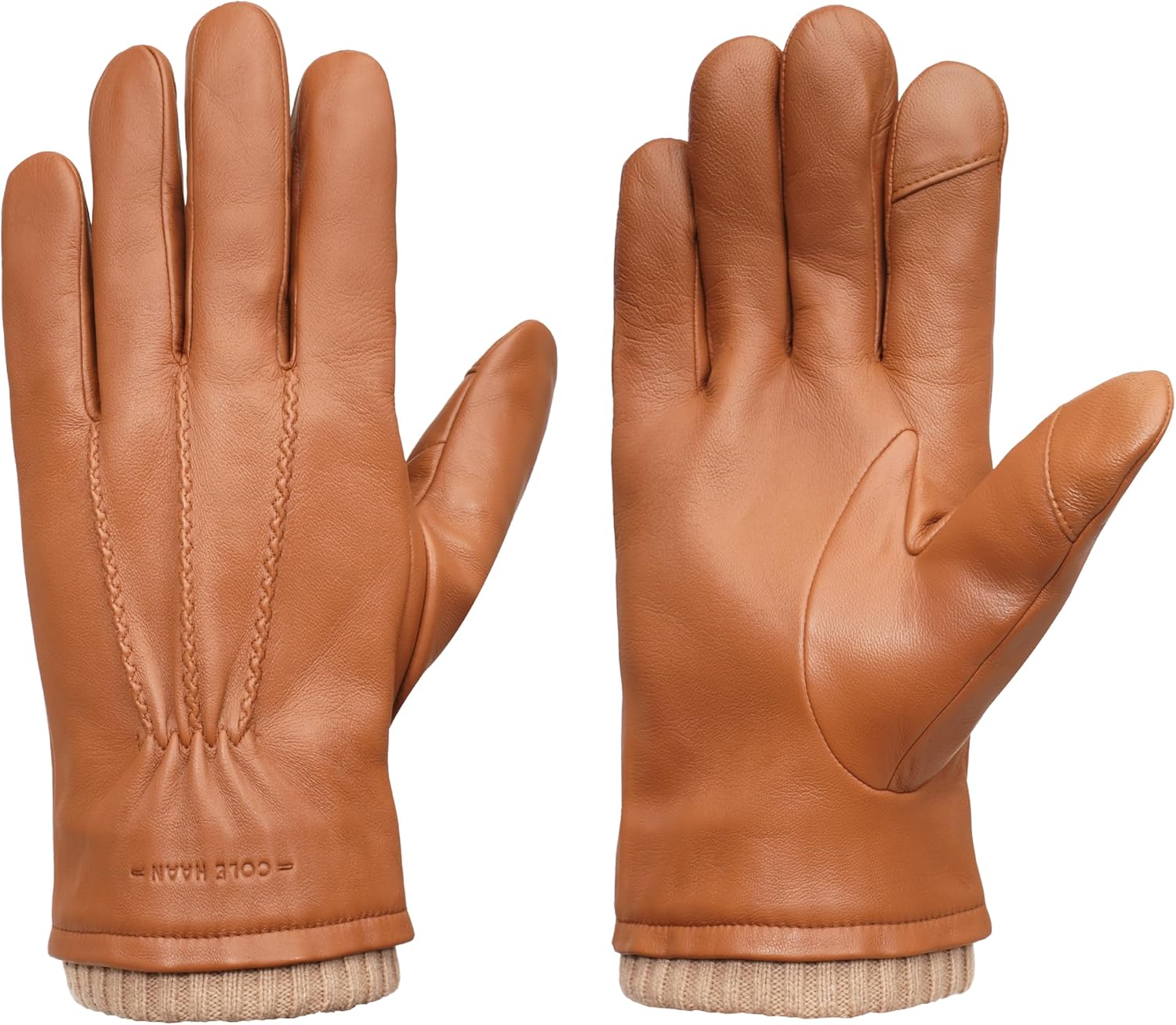 Cole Haan Premium Leather Gloves for Men, Touchscreen Compatible with Warm Knit Cuff and Classic Three-Point Stitch