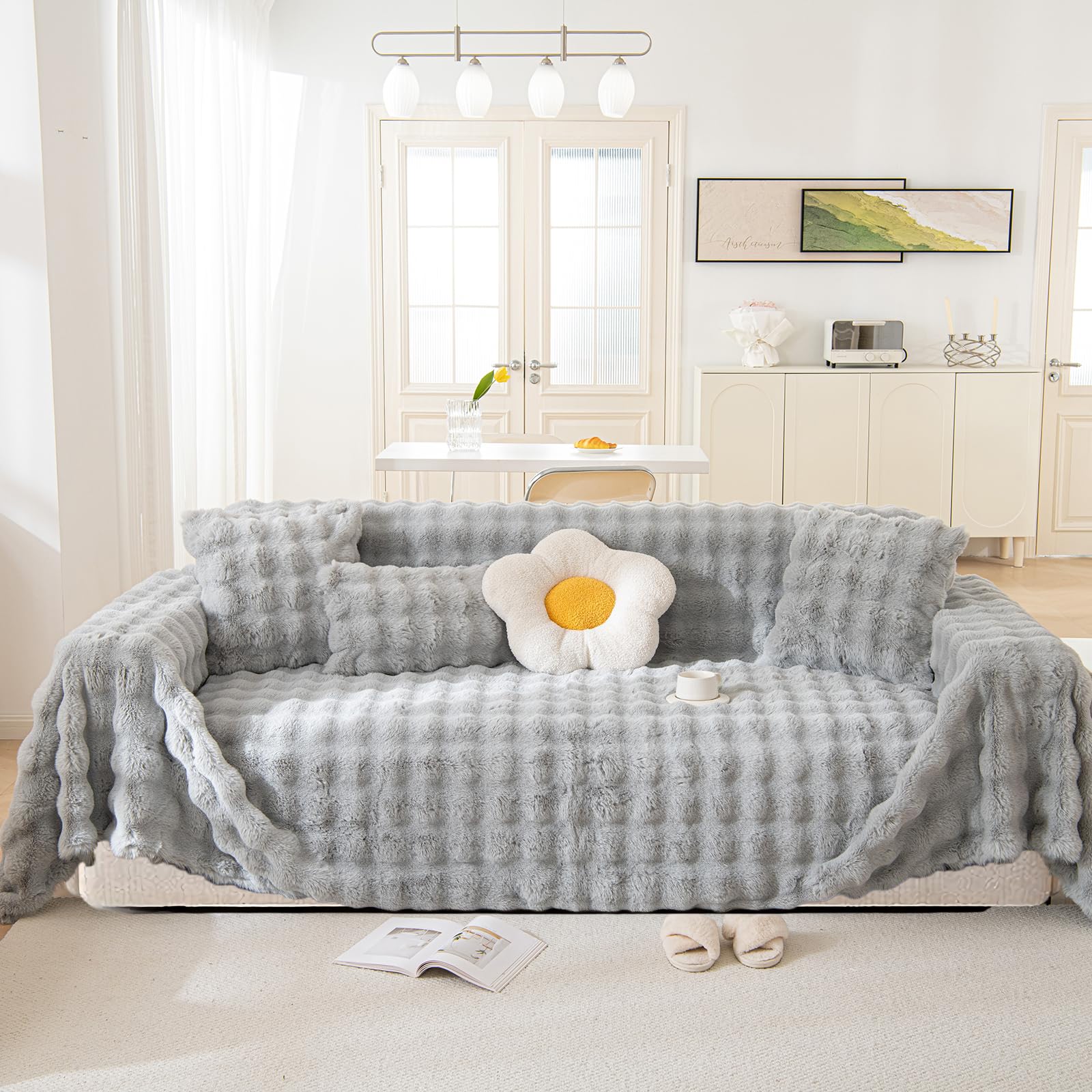 LiveGo Thick Plush Wool Sofa Cover for 3 Seater, Soft Fuzzy Faux Rabbit Fur Non-Slip Slipcover, All-Season Washable Couch Protector for Dogs, L Shaped Sofa Cover (Plush L-Grey, 180 x 380 cm) — image 1