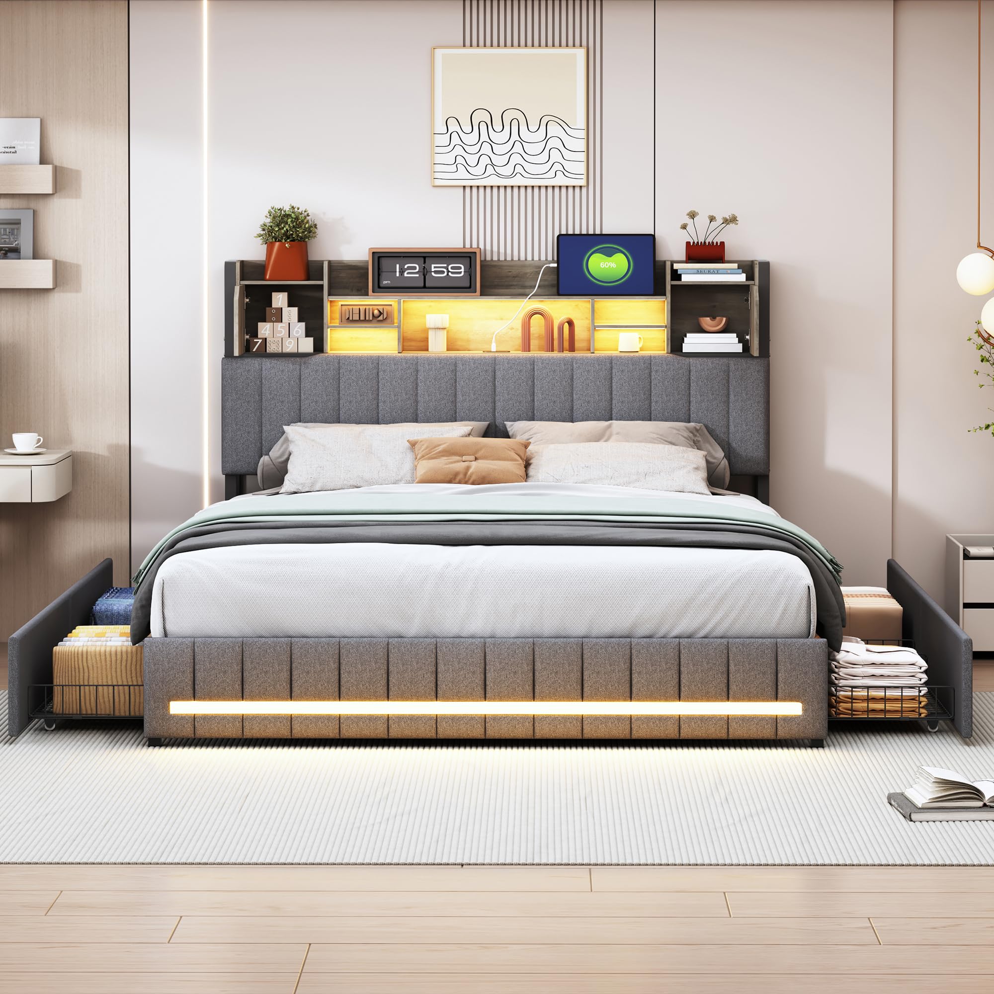 Letto 140 x 200 cm, letto matrimoniale 140 x 200 cm, con illuminazione a LED e presa 4 cassetti, letti imbottiti con ripostiglio, per adulti e adolescenti, moderno, tessuto di lino grigio (140 x 200