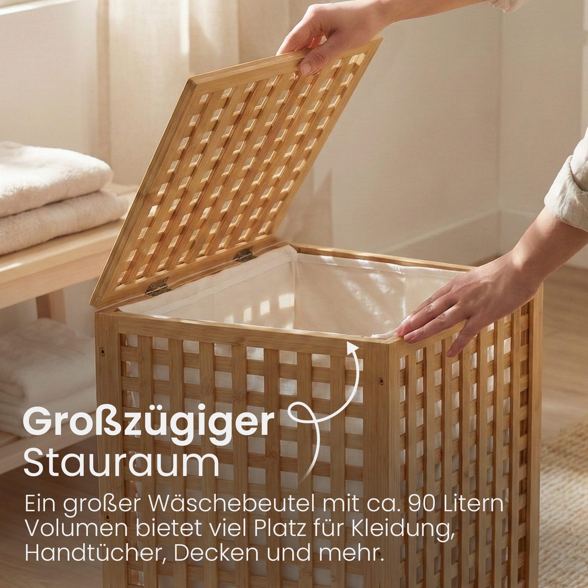 CLP Wäschebox für Schmutzwäsche Lenca, Wäschesammler Holz Wäschesack 90L waschbar herausnehmbar, Bambusrahmen für Badezimmer, Farbe:natur