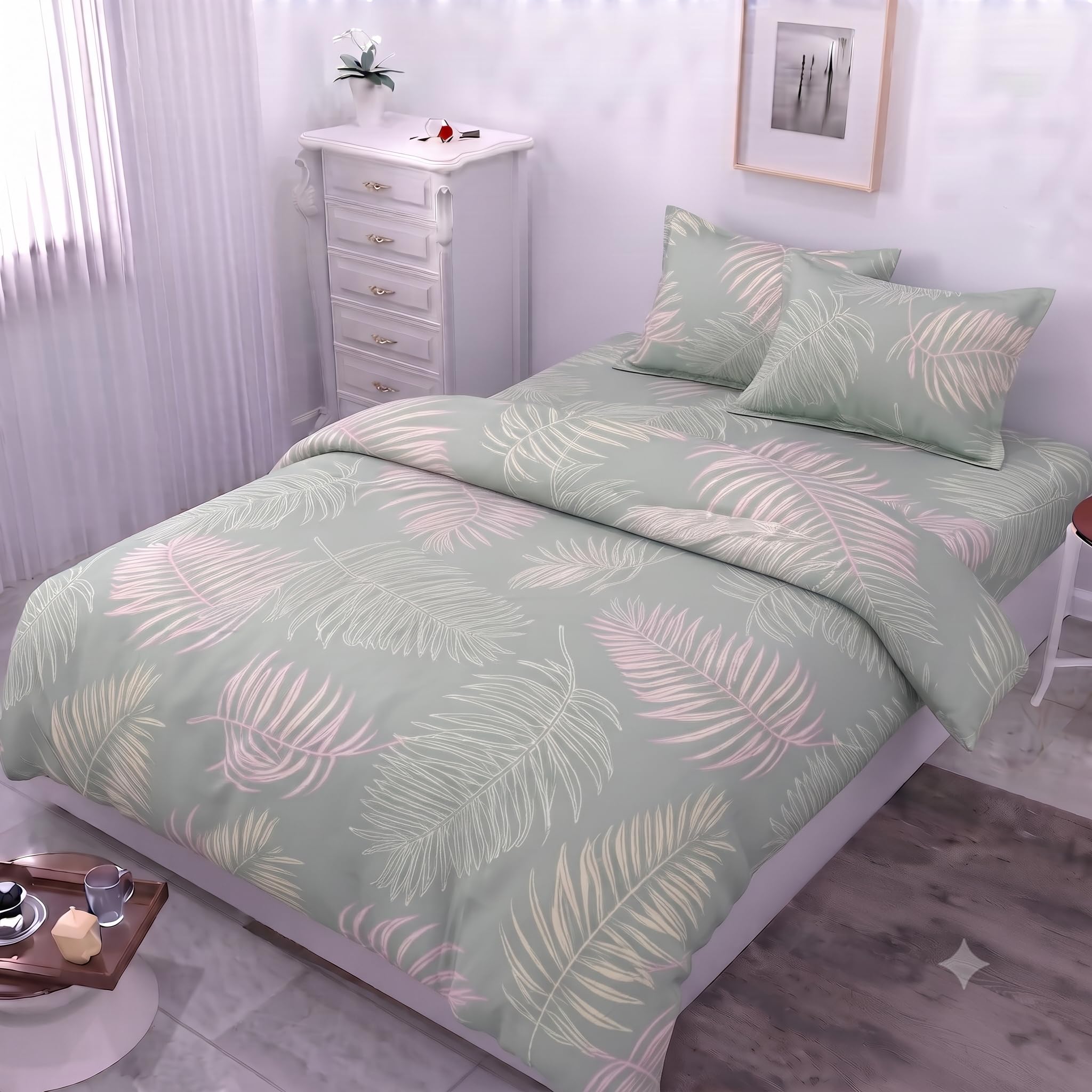 Furnistitchs Premium Glace Cotton Duvet Cover/Comforter Cover/Rajai Cover/Blanket Cover/Quilt Cover Single Size 60"X90" Inches - (Single 60X90, Green Ferns, Zipper, 180)