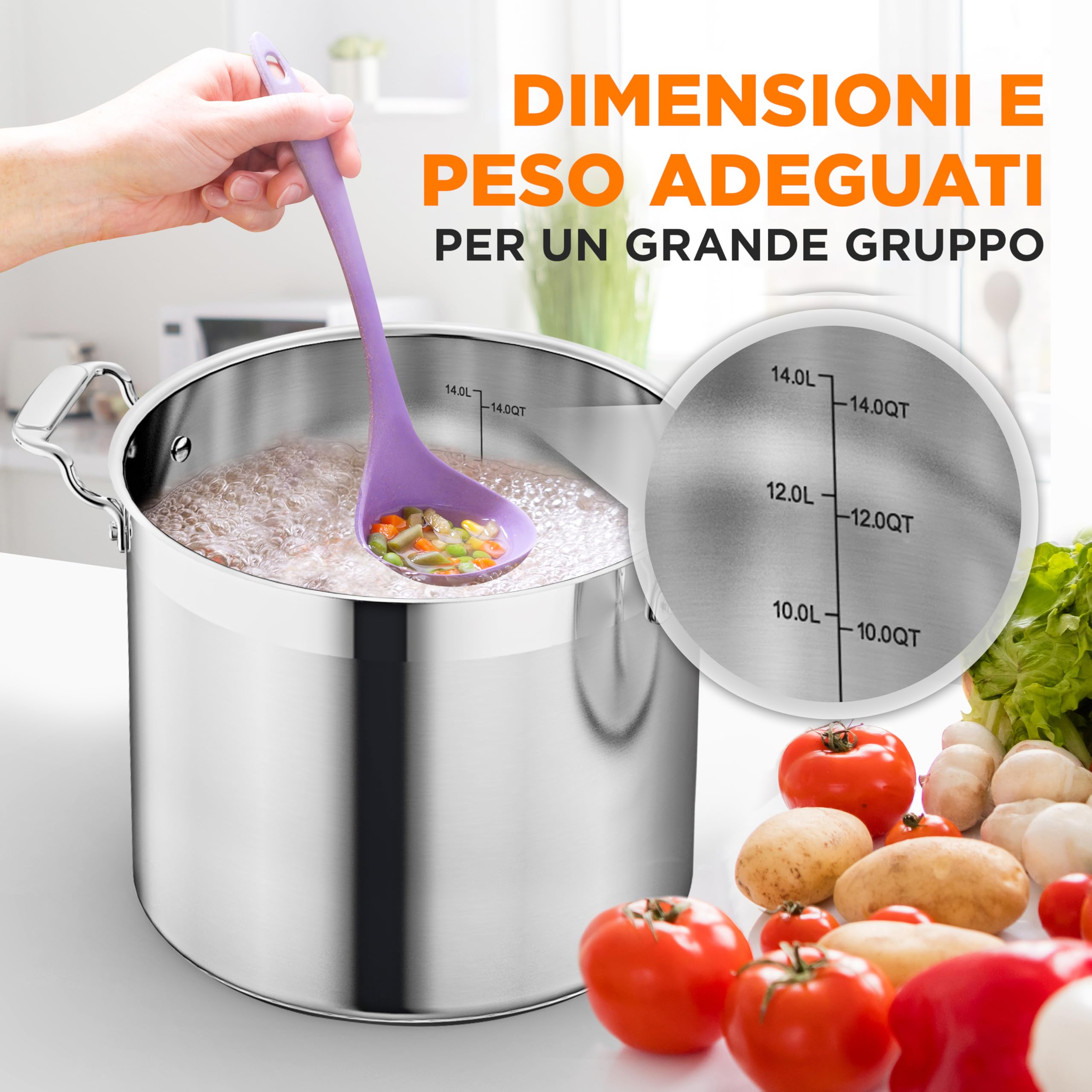 NutriChef Pentola Acciaio Inox 13,2 L con Coperchio, Manici Ergonomici, Pentola Induzione Resistente, Ideale per Cucine Professionali e Casa