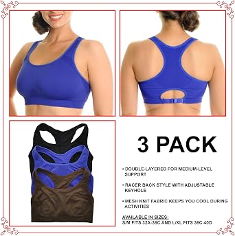 Angelina Women's Seamless Double Layer Racerback Sports Bras (3-Pack)
