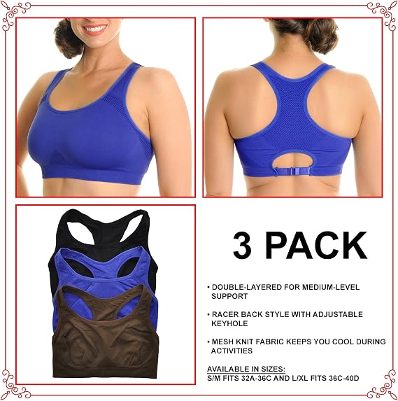 Angelina Women's Seamless Double Layer Racerback Sports Bras (3-Pack)
