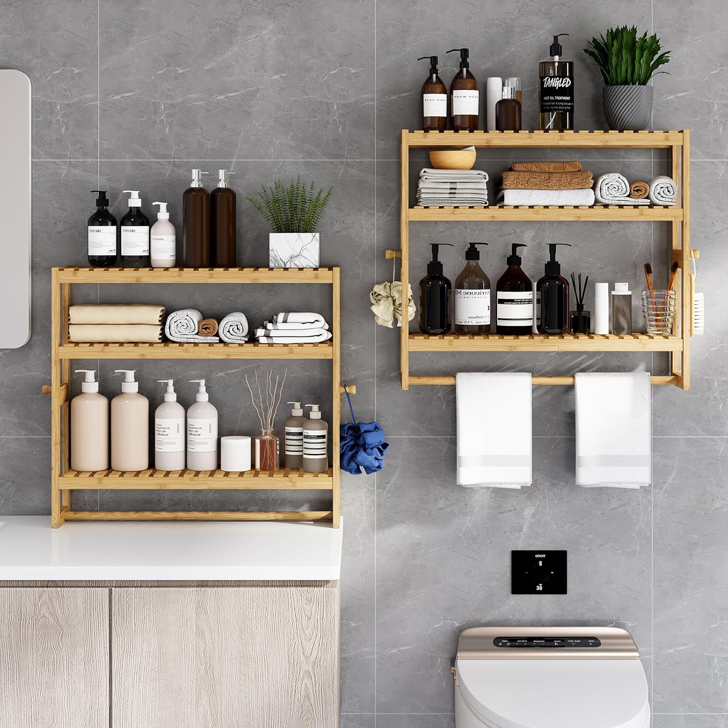 RRX Bathroom Shelf Storage Organizer, Bathroom Shelf 3-Tier Adjustable Layer Bamboo Organizer with Bar, Hanging, Freestanding Over Toilet Utility Shelves, Beige