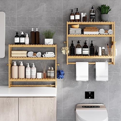 Miniatura 5 de RRX Organizador de almacenamiento de estante de baño, estante de baño, organizador de bambú de 3 niveles ajustable con barra, colgante, estante