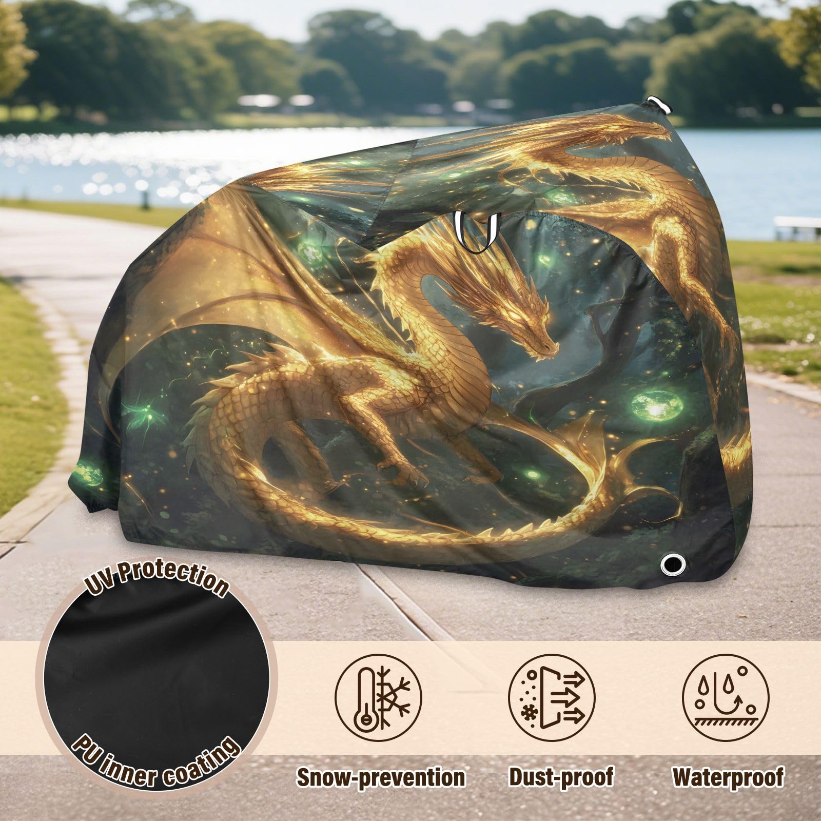 Pokrowiec na rower, wodoodporny, outdoorowy, rowerowy, motorower, wytrzymały, wiatroszczelny, ochrona przed słońcem, do roweru górskiego, szosowego, Golden Dream Dragon