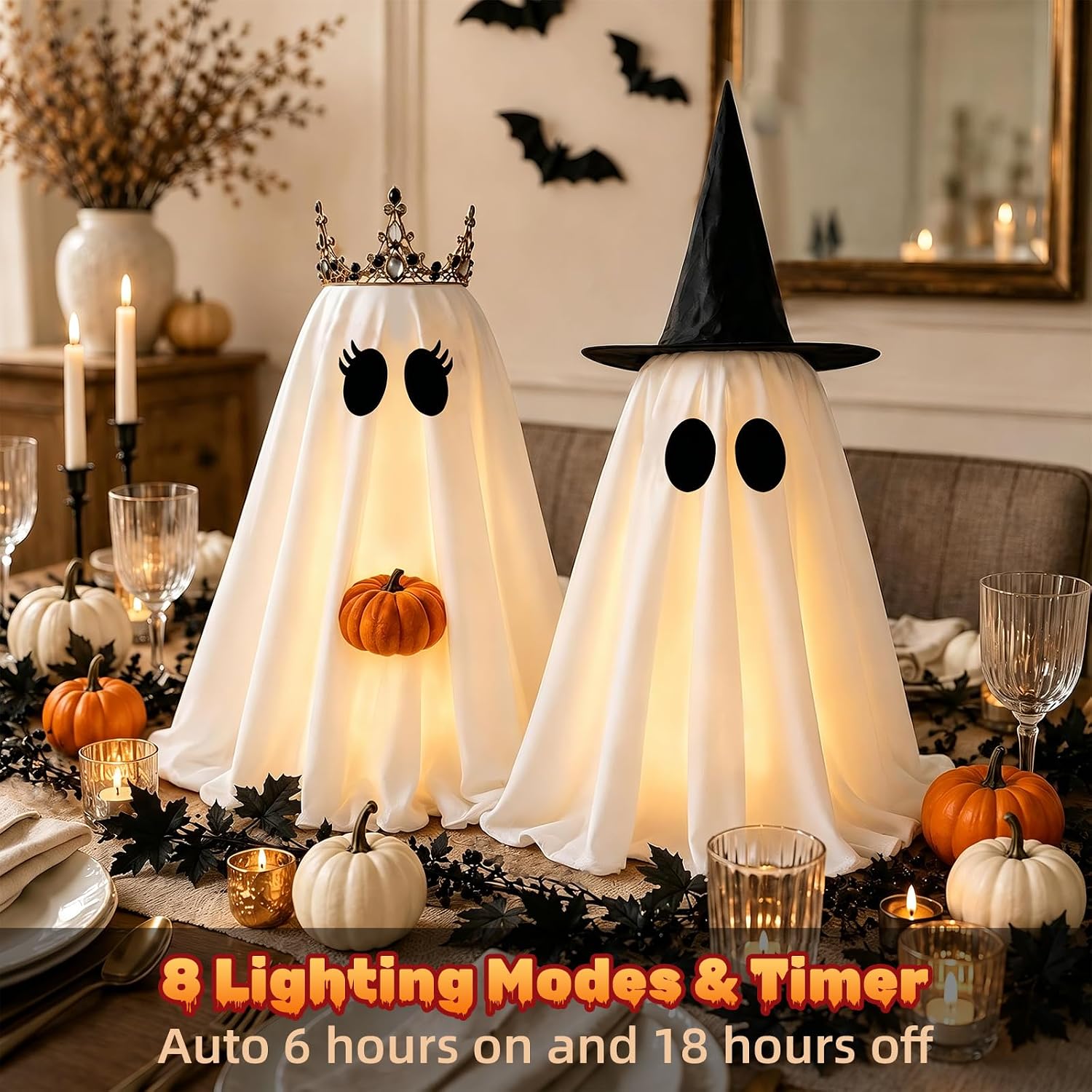 Halloween Ghosts Decorations Indoor, 2 Packs Light Up Ghosts with Pumpkin image 3