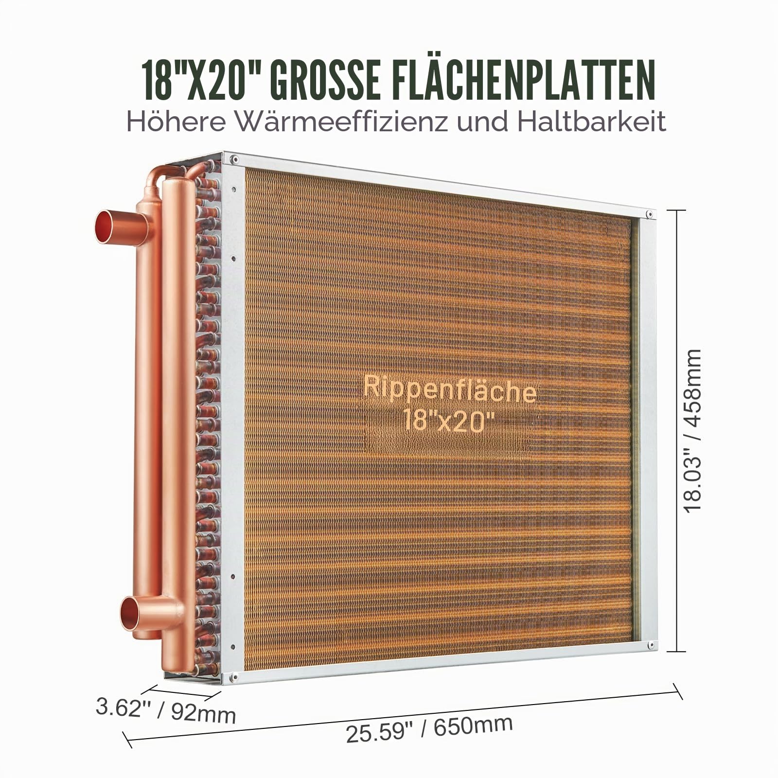 VEVOR Wärmetauscher Wasser-Luft, 45,72 x 50,8 cm mit 3-reihigen 9,53 mm Kupferanschlüssen, 242 Aluminiumlamellen Wärmetauscher für Holzöfen, Heizung und Kühlung im Wohnbereich und Warmluftheizung
