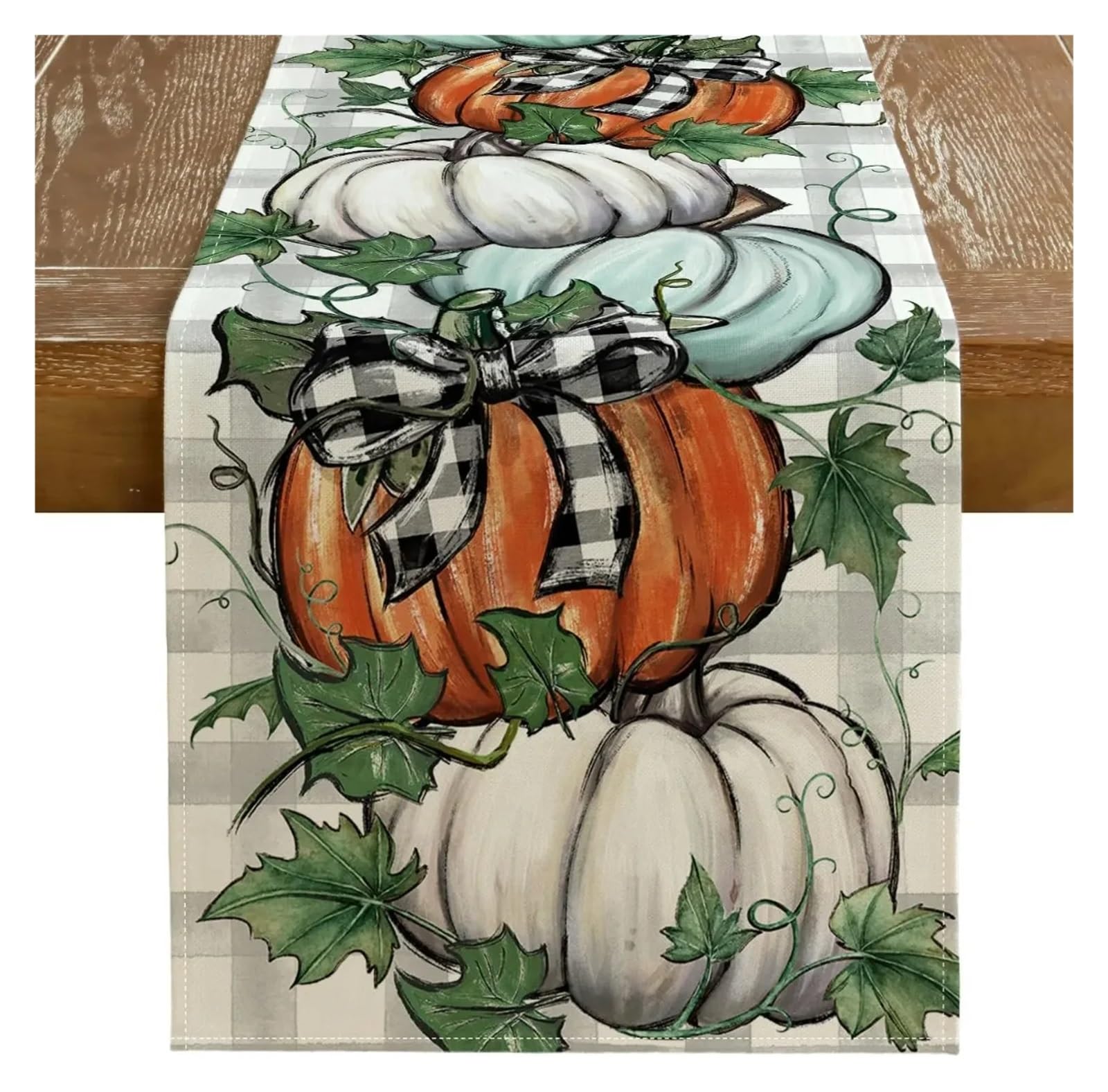 Table Runner Table Runners Fall Pumpkin Maple Leaves Linen Autumn Plaid Farmhouse Party Kitchen Dining Decor(G,180x33cm70x13inch)