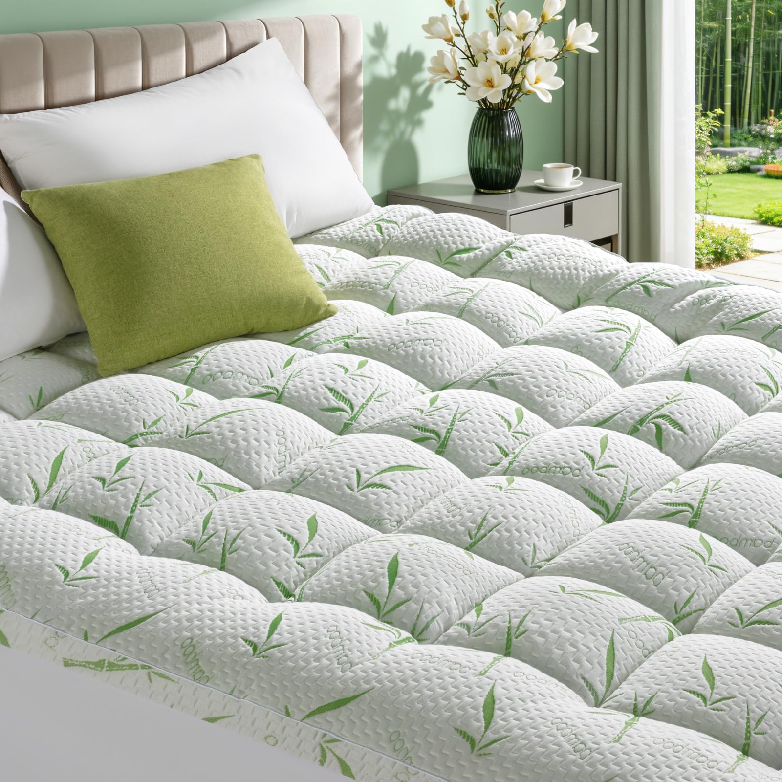 Photo 1 of 3 Inch Mattress Topper - Viscose Made from Bambu,Cooling Soft Pillow Top Mattress Pad Cover for Back Pain,Mattress Protector with 8-21 Inch Deep Pocket (Queen,60"x80")