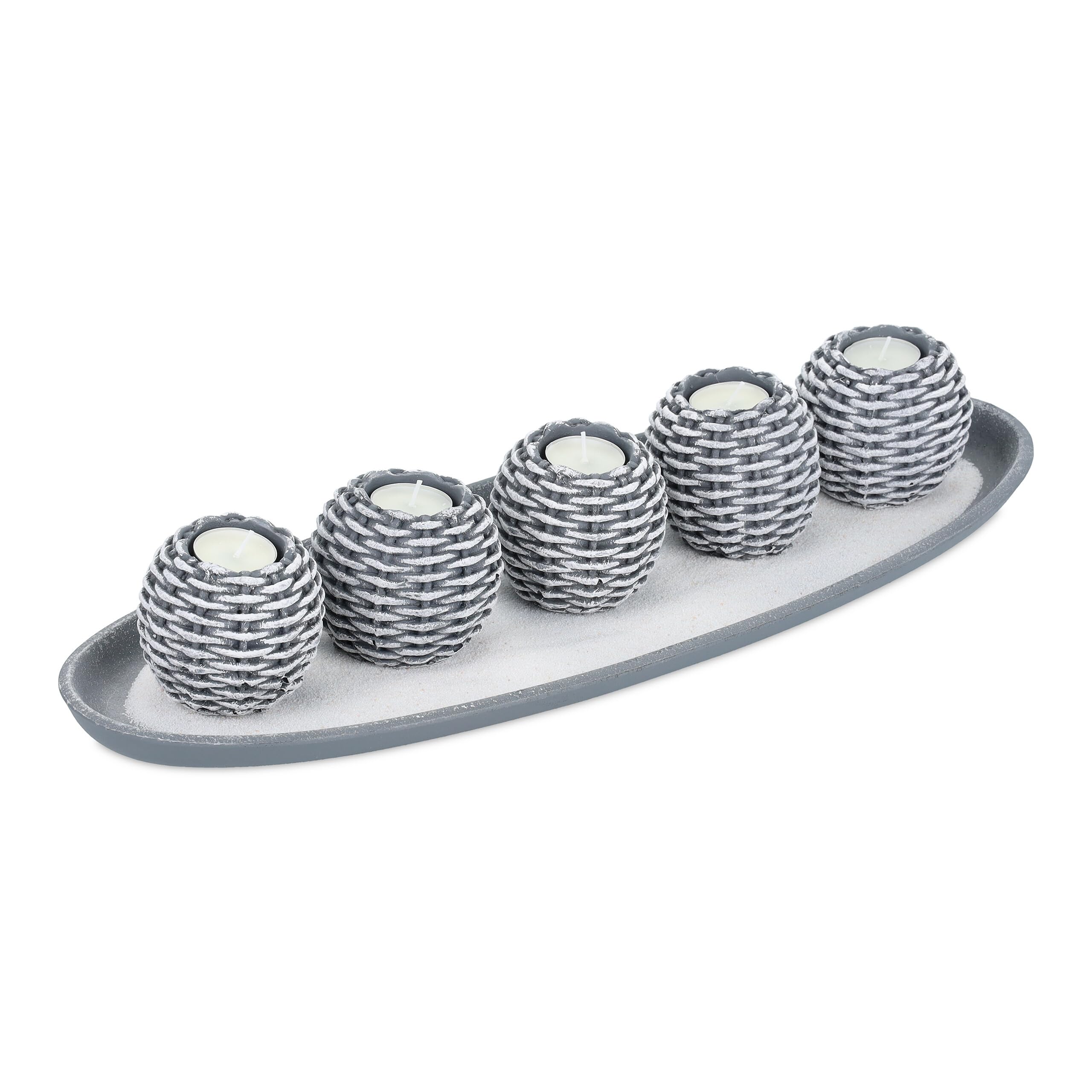 Relaxdays Portavelas, Set con Bandeja, 5 Candeleros y Arena Decorativa, Centro de Mesa Salón, Velas, Gris y Blanco, Tablero de Fibras, 8 x 50,5 x 18,5 cm