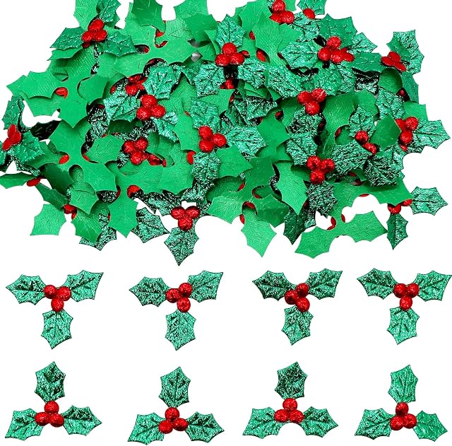 100 Pcs Artificial Holly Berry Leaves, Holly Leaves and Berries for Craft, Mini Triple Leaf Holly Berries Christmas Holly and Berry for Christmas Card, Gift Tags, Table, DIY Craft Decorations