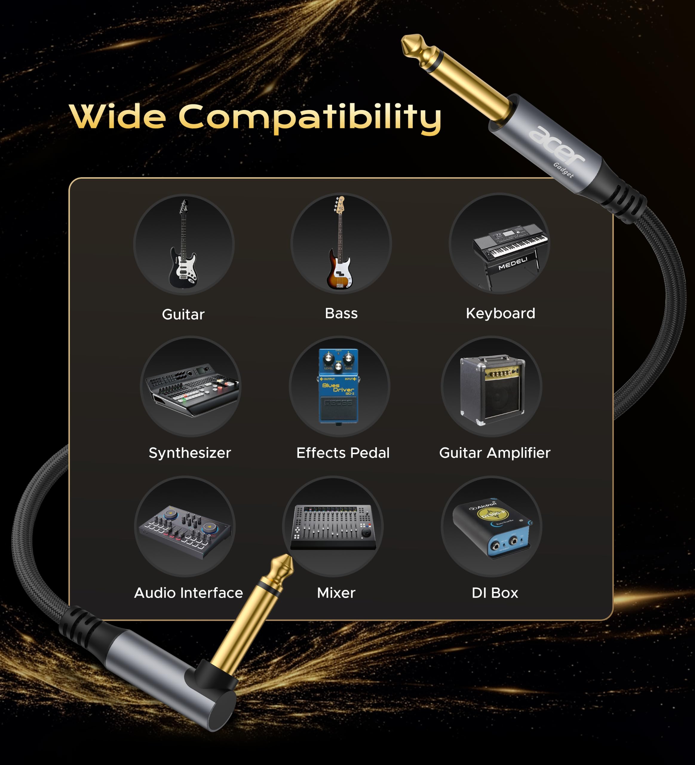Acer Gadget - Cable de guitarra de 3 m, 22 AWG OFC chapado en oro