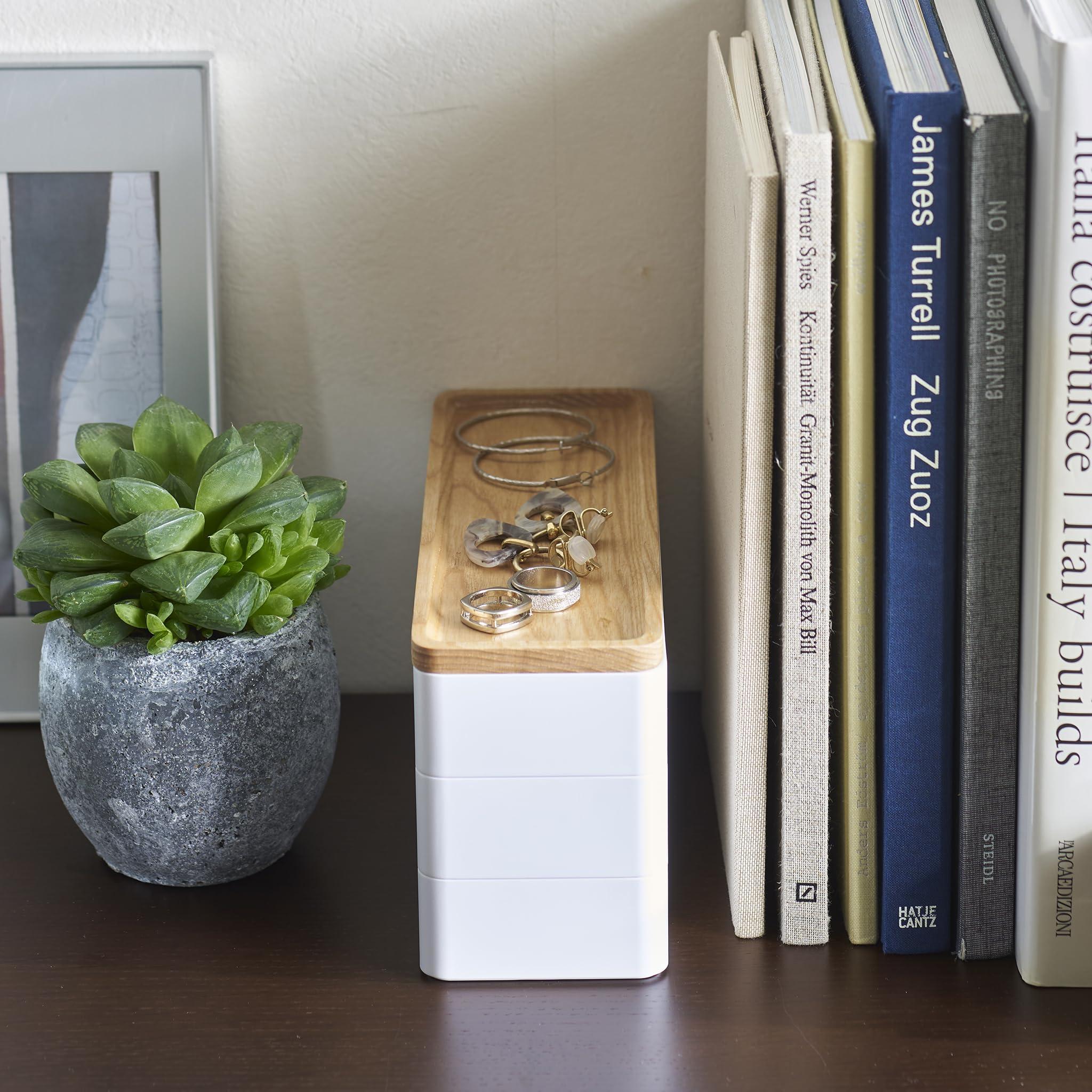 YAMAZAKI 5811 RIN 3Tiered Slim Accessory Case with Lid, white, ABS Resin/Wood, 24 x 8 x 11.5 cm
