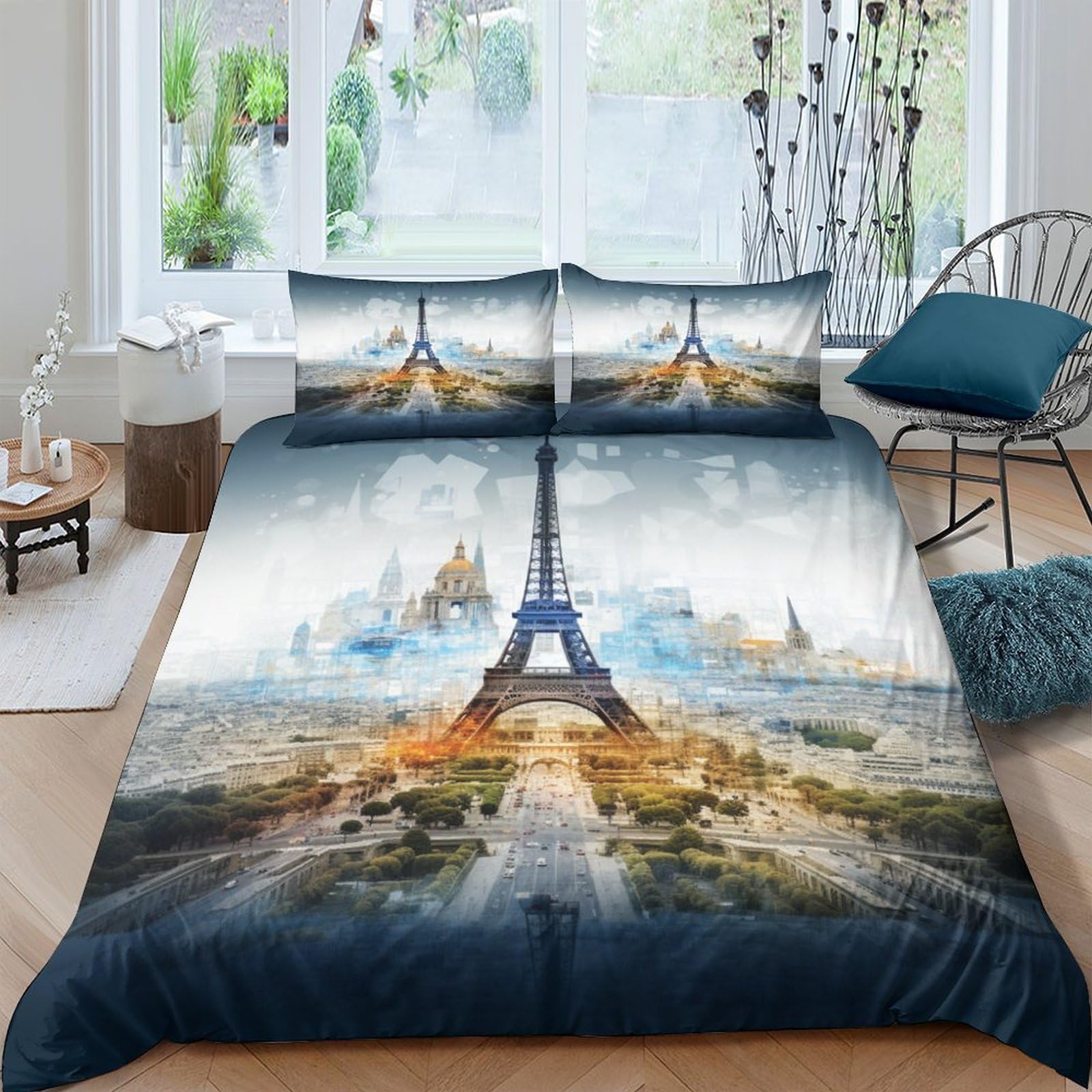 Housse de couette Tour Eiffel 3D zippée pour lit 2 places literie microfibre sans repassage