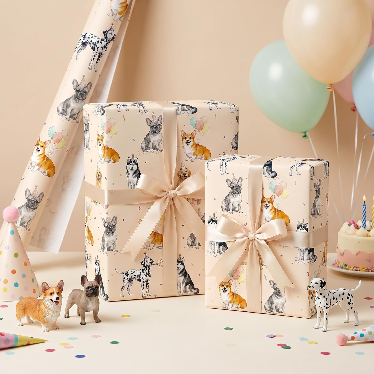 RUSPEPA Dog Birthday Wrapping Paper Roll, Mini Roll, Watercolor Corgi, French Bulldog, Husky, Golden Retriever & Dalmatian Design Gift Wrap for Kids, Boys, Girls, Dog Lovers, Birthday Party, 17 Inches x 9.8 Feet image 4