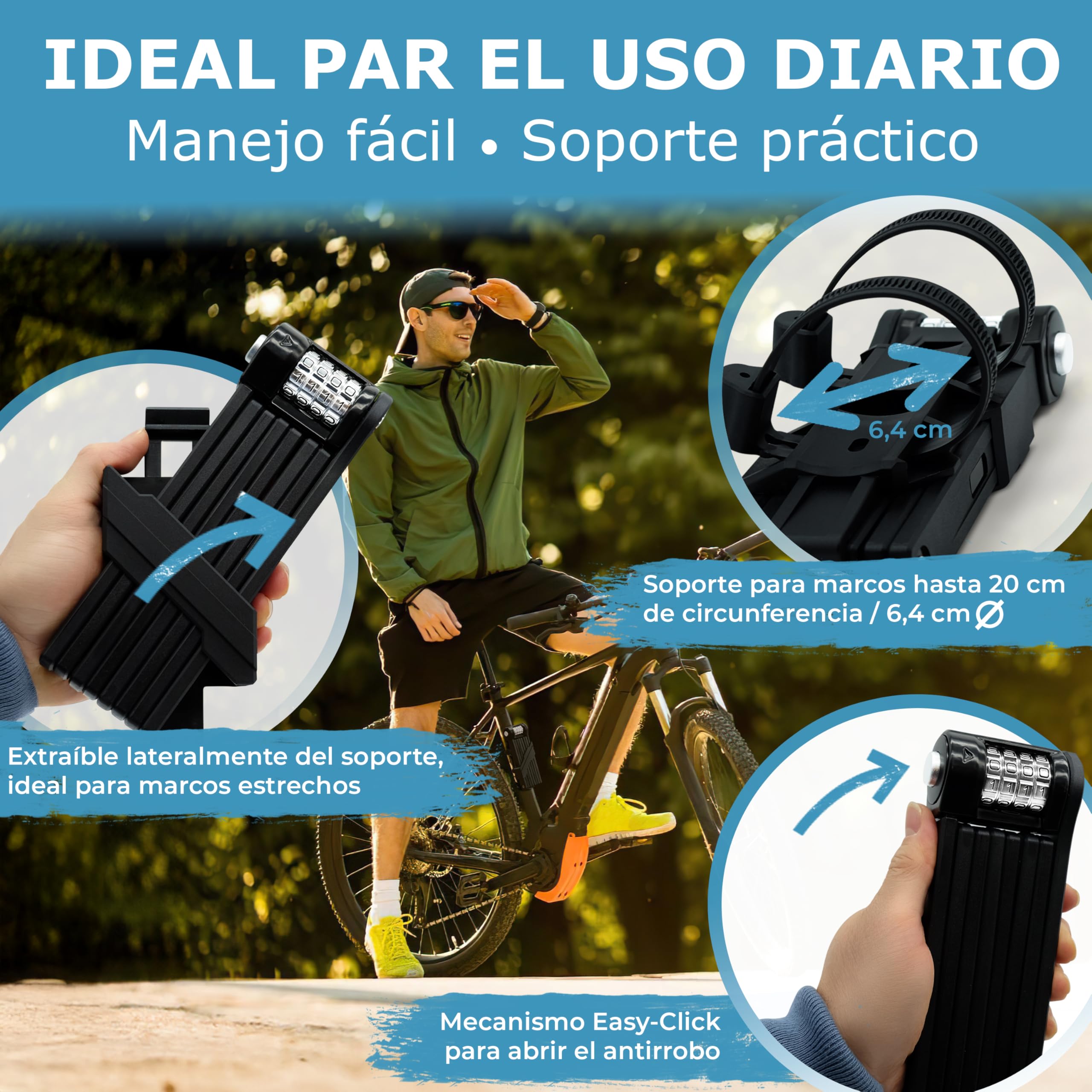 WIDDER 120cm Antirrobo bici extremadamente seguro | Titanio‑Acero nivel 15 | Candado de combinación | Candado plegable bicicleta de 120 cm con soporte | Antirrobo bici eléctrica & e‑scooter con código