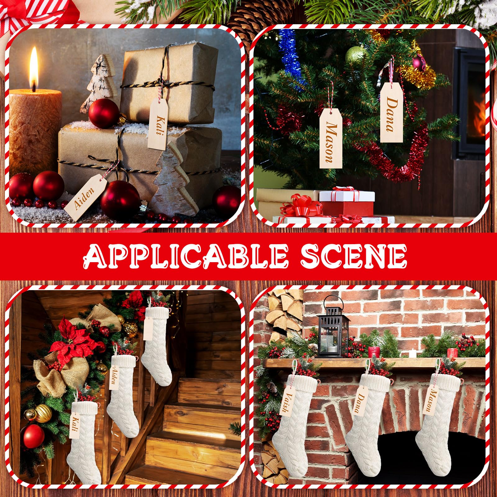 Lot de 2 chaussettes de Noël tricotées en tricot torsadé et étiquettes en bois - Petites pièces vierges avec corde pour décoration de vacances en famille (blanc)