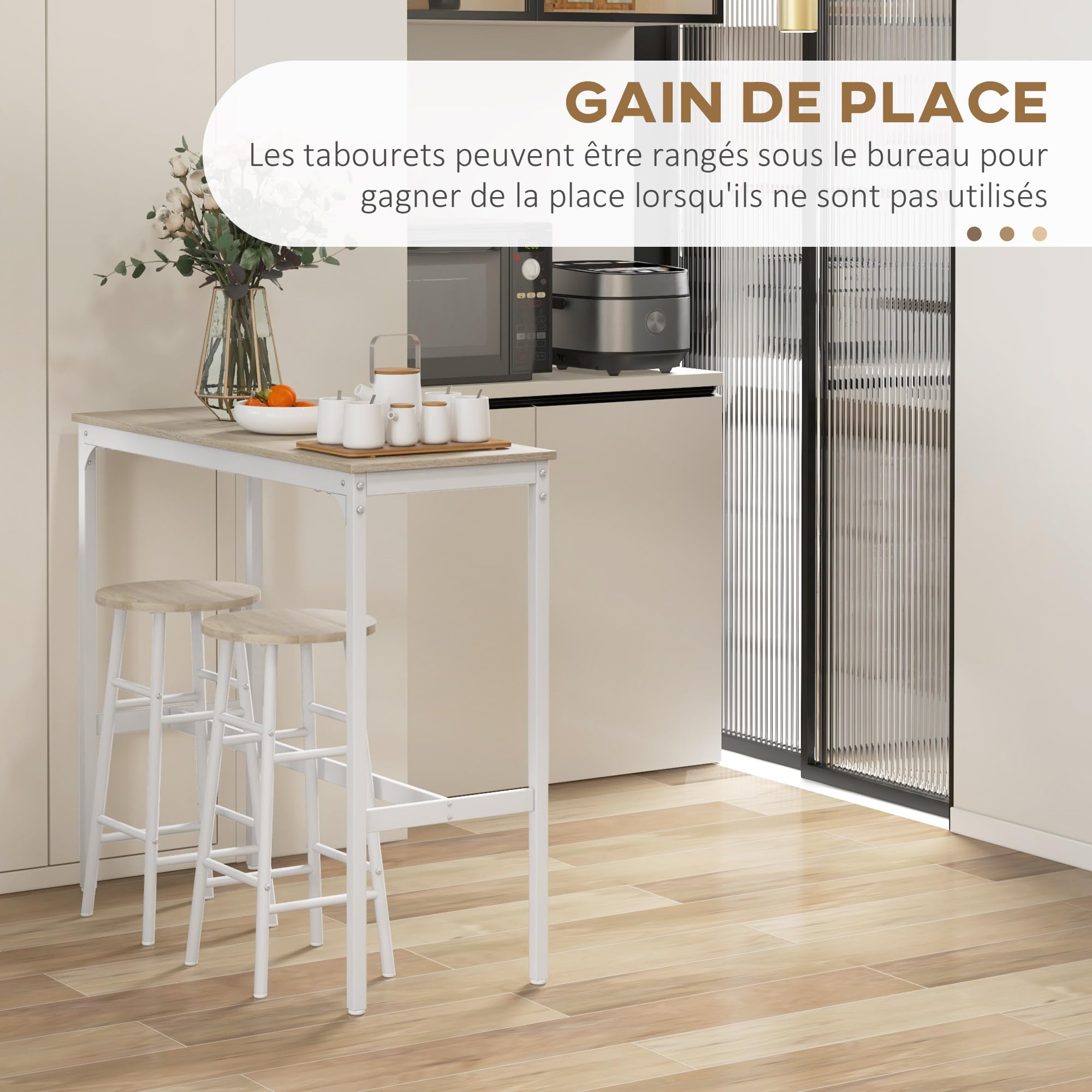 HOMCOM Set tavolo da bar bistrot + 2 sgabelli con poggiapiedi, tavolo mangia in piedi, struttura in acciaio, design industriale, tavolo alto da cucina, piano effetto legno naturale, bianco