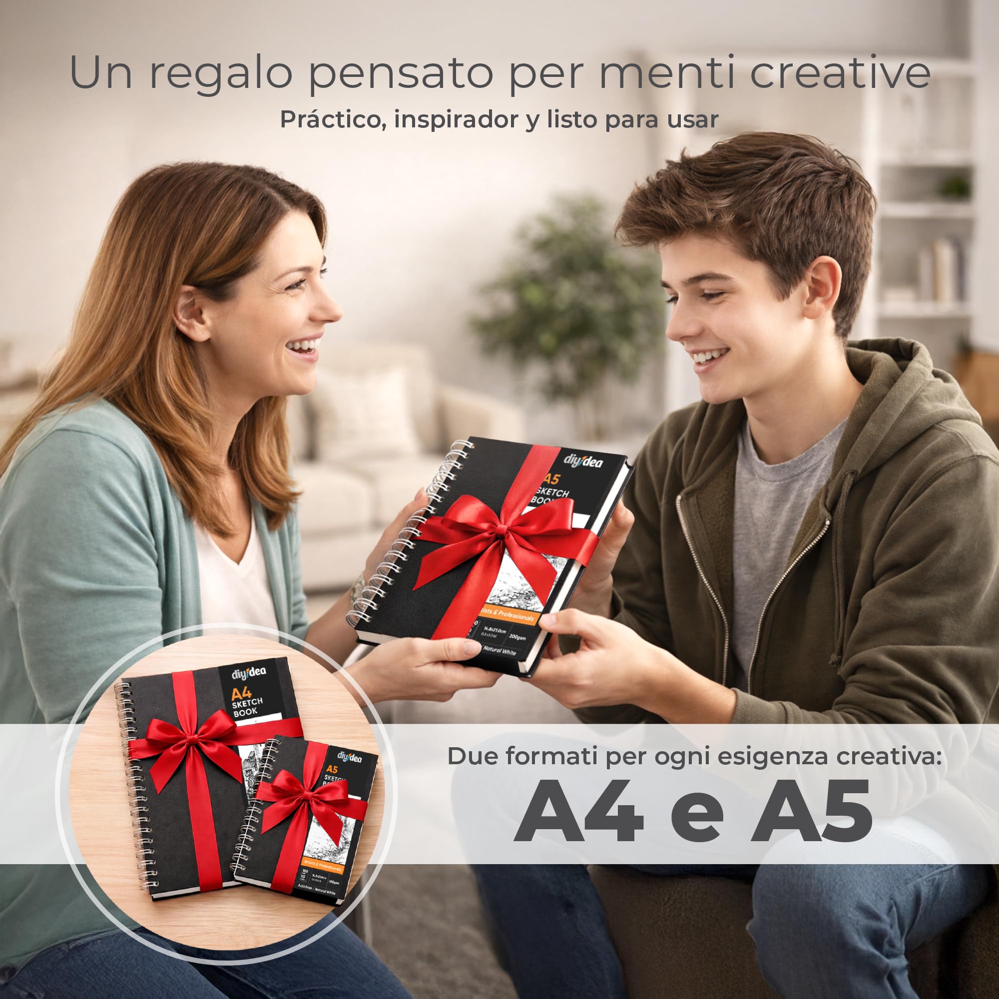 DIYIDEA Album da Disegno A4 200 g/m² – 100 Pagine, Spirale con Copertina Rigida – Blocco Disegno per Matita, Carboncino, Grafite e Pastello – Per Principianti e Professionisti
