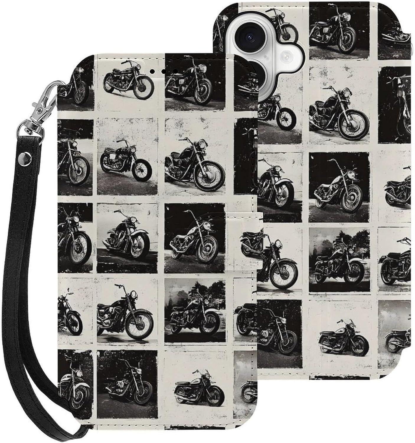 Vintage Motorcycles Compatible with iPhone 16/16 Plus/16 Pro/16 Pro Max/16 E Case Phone Wallet Card Holder Flip Cover with Wrist Strap