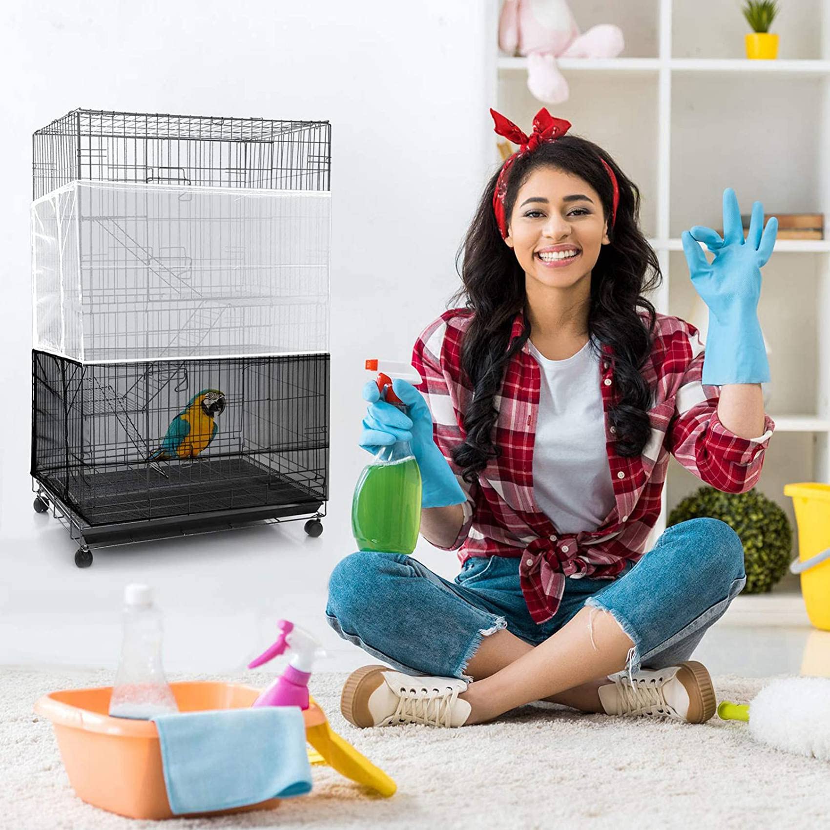 6 x große, verstellbare Vogelkäfig-Abdeckung, Samenfänger, universeller Vogelkäfig-Nylon-Netzbezug, weicher Rockschutz