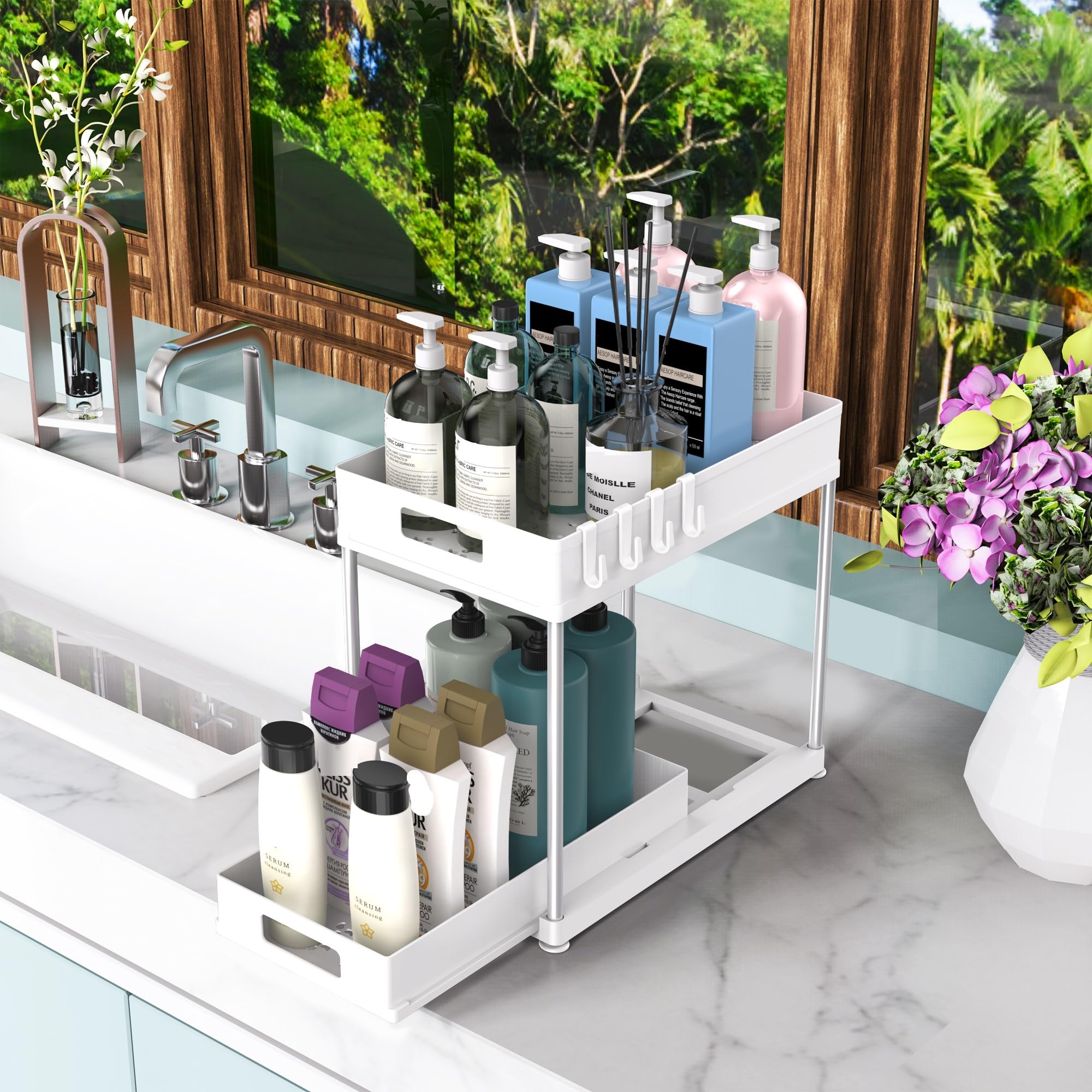 Lot de 2 organiseurs sous évier avec tiroir extractible, armoire de rangement à 2 niveaux pour cuisine et salle de bain, convient aux fournitures de nettoyage et aux articles de toilette, économie