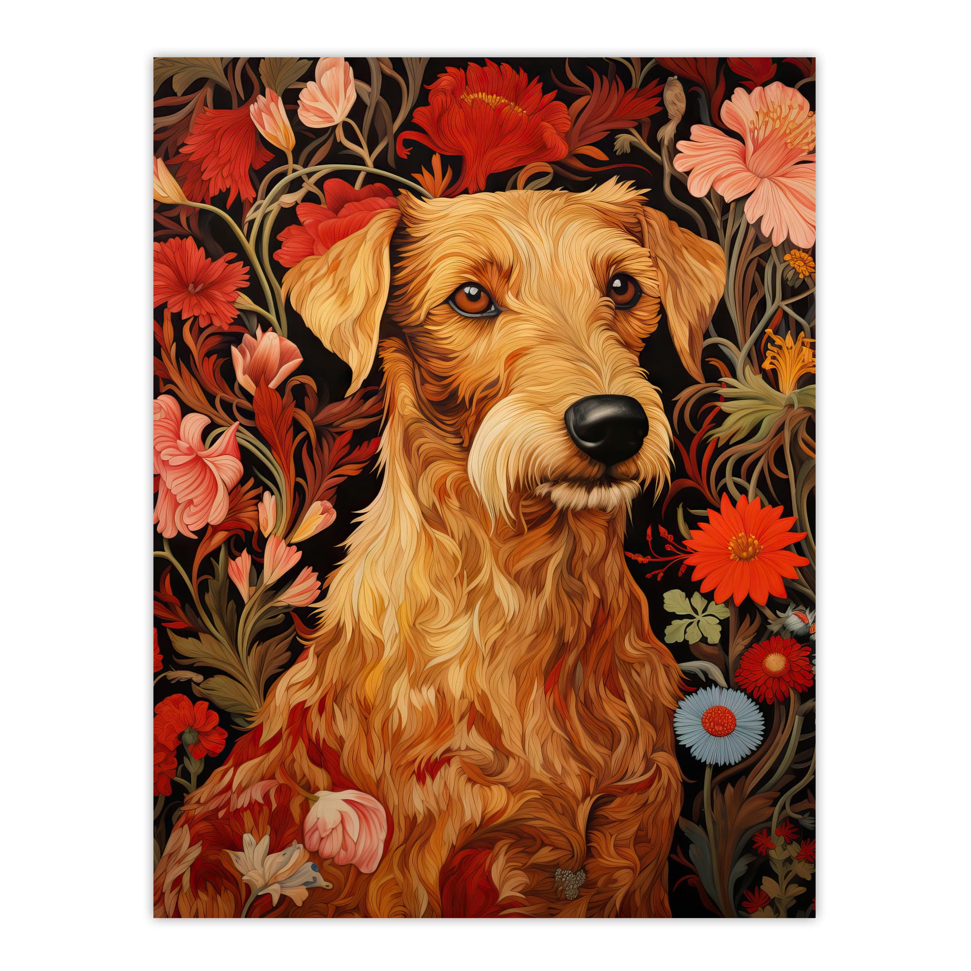 Artery8 - Wall Art Print Poster - Golden Terrier Dog - Floral Backdrop - William Morris Style - W12" x H16"