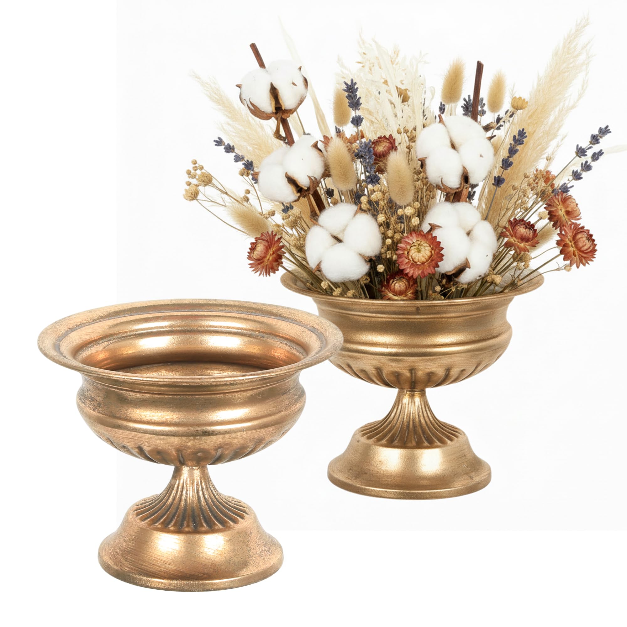 WORTH Small Urn Vases for Centerpieces Set of 2, Classic Metal Trumpet Flower Pots for Table, Bowl Vase for Wedding Party Event Home Deco (Golden, 7.8