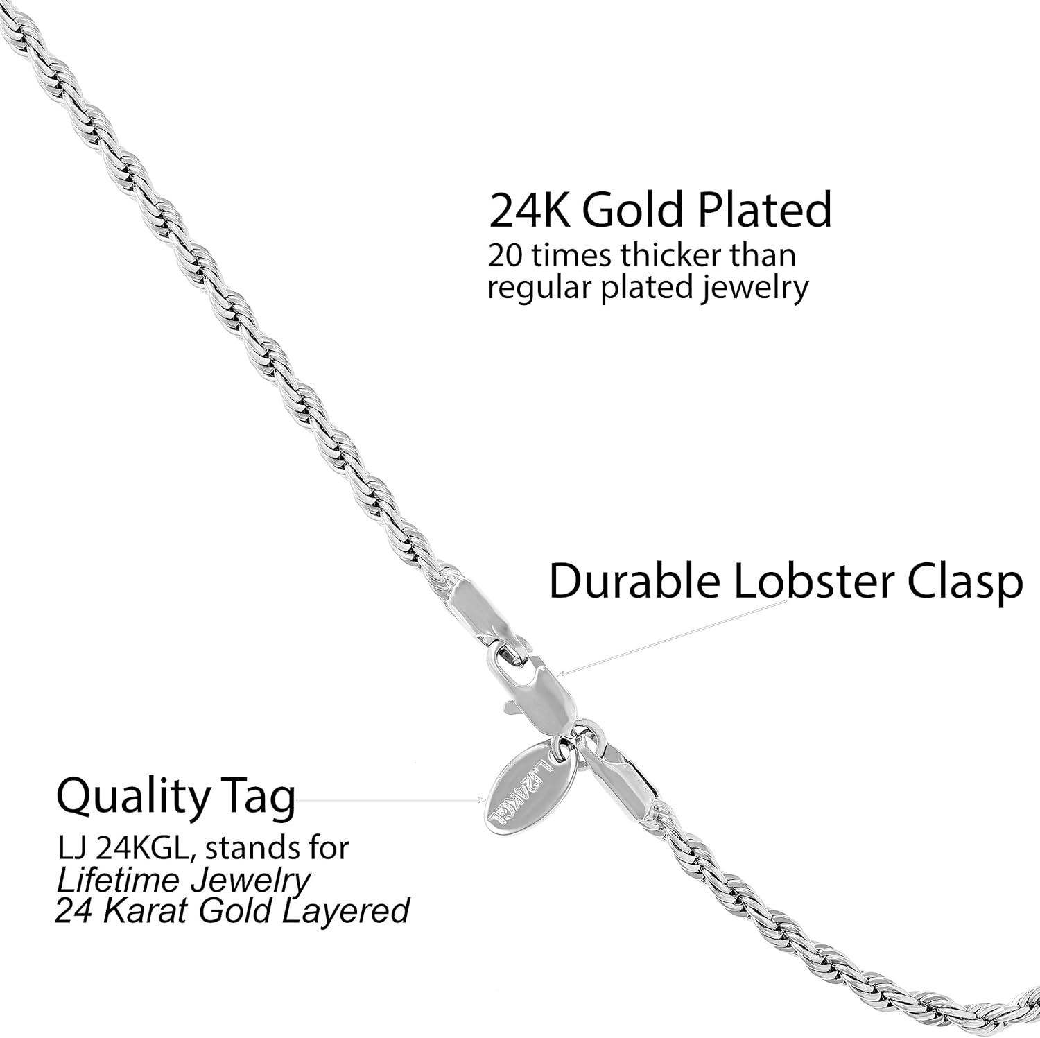 LIFETIME JEWELRY 3mm Rope Chain Bracelet 24k Real Gold Plated for Women and Men 7" 8" and 9"