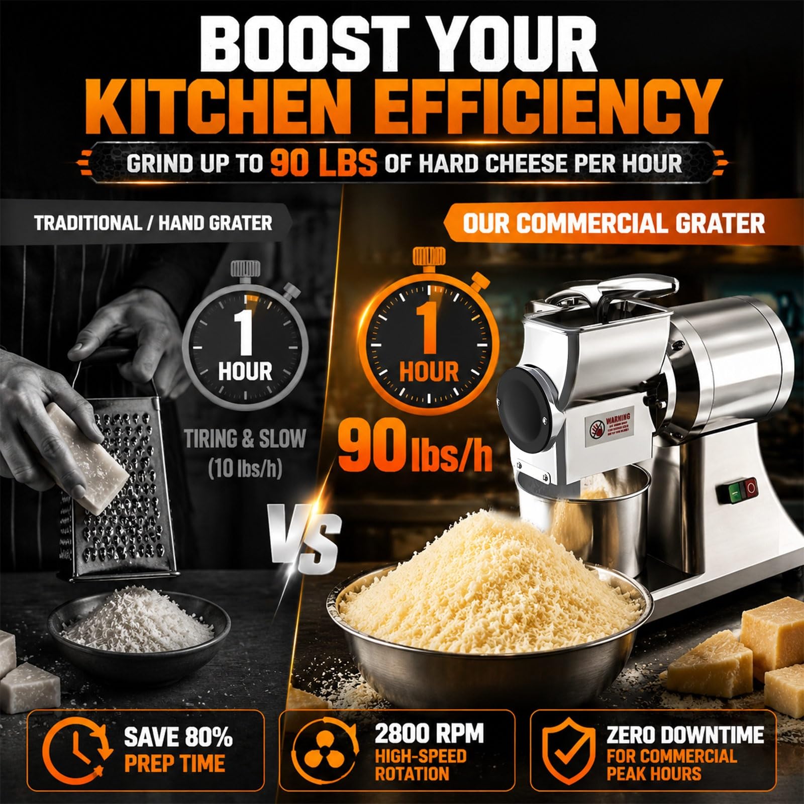 Macina Formaggio Elettrico 40kg/h, Grattugia Inox Pro 550W | Tritatutto Elettrico da Banco 0.75CV con Recipiente in Acciaio Inox & Protezione Integrata per Formaggi & Noci