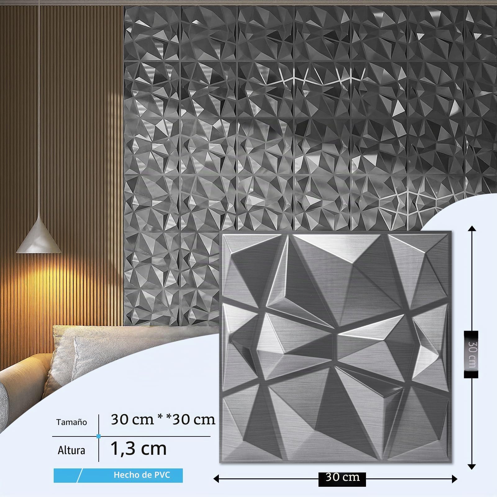 Art3d Paneles de diseño de diamante 3D para decoración de interiores, sala de estar, fondo de pared de TV, dormitorio, configuración de juegos, 30 x 30 cm, plateado, paquete de 33