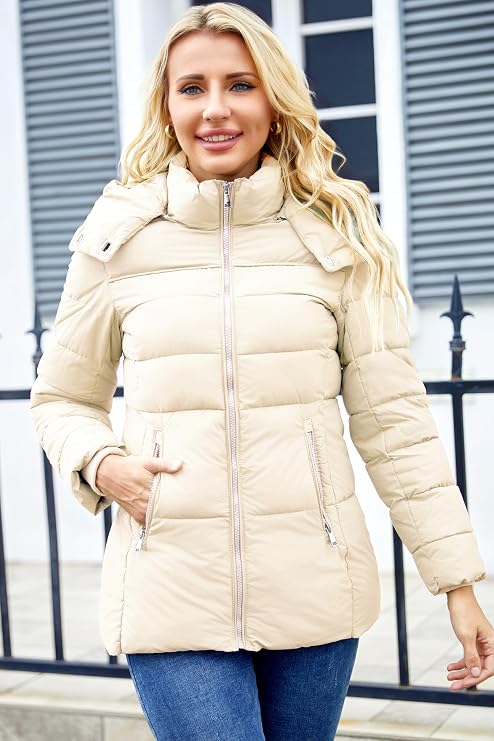 Womens Packable Puffer Jacket Winter Coat with Hood Warm Lightweight Thickened Down Jacket