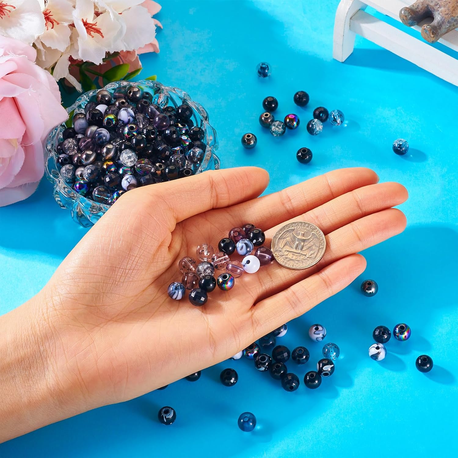 FASHEWELRY 300Pcs Black Pony Beads Assorted Black Cute Acrylic Round Beads Bulk 8mm Round Metallic Beads Crystal Crack Beads Polka Dot Beads for Bracelet Jewelry Making - Image 6