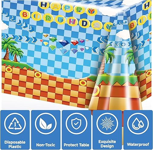 Miniatura 4 de POIZEN Mantel de erizo de 3 piezas, suministros de fiesta de cumpleaños de erizo, mantel desechable rectangular de 54 x 108 pulgadas para niños y