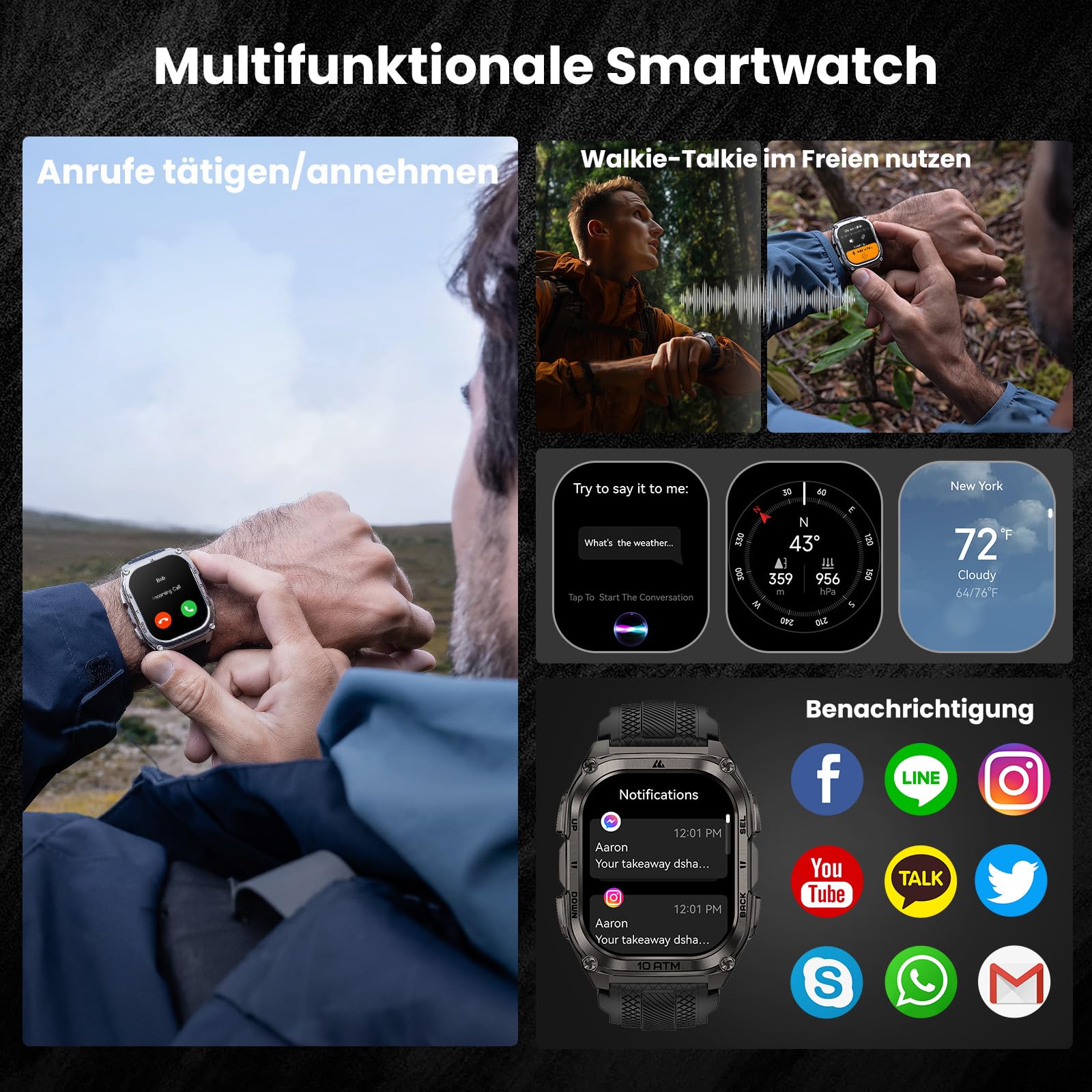 KOSPET Tank M4 Robuste Smartwatch Herren, Dual-Band GPS, Offline-Karten | Edelstahlgehäuse, 1,96" AMOLED-Display, 100 m Wasserdicht, 45 m Freitauchen, 6 Satellitensysteme GPS Militär Smart Watch