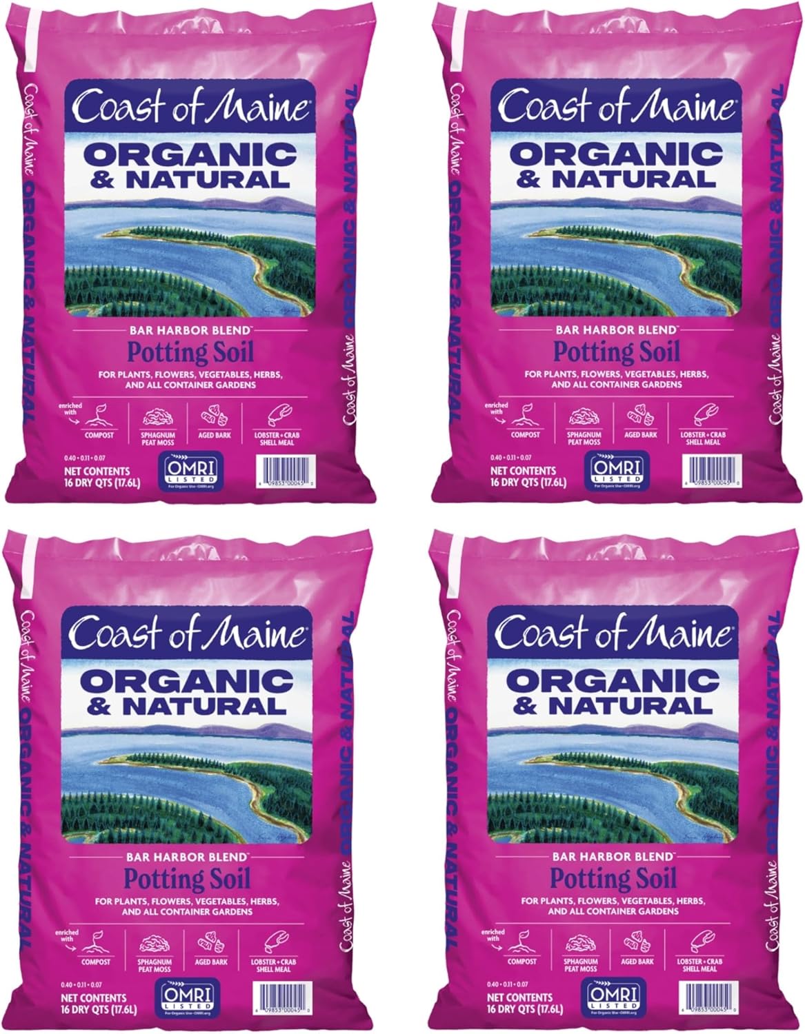 Coast of Maine Bar Harbor Blend, 16qt (Pack of 4) Organic and Natural Potting Soil for Houseplants, Flowers, Vegetables, Herbs and Containers