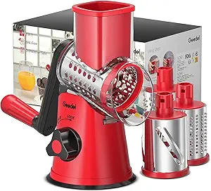 Geedel Rotary Cheese Grater, Kitchen Mandoline Vegetable Slicer with 3 Interchangeable Blades, Easy to Clean Grater for Fruit, Vegetables, Nuts
