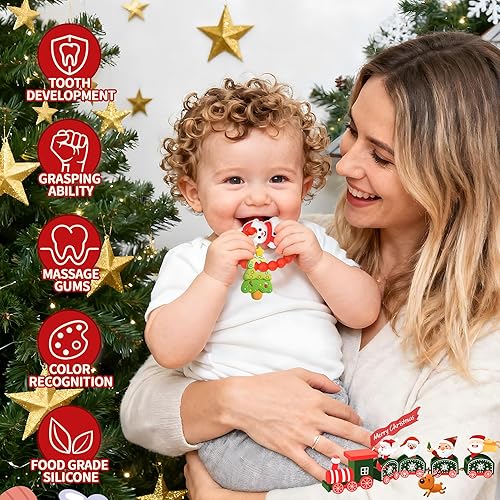 Miniatura 6 de Juguetes de dentición de bebé de Navidad, muñeco de nieve y árbol con textura de silicona para 3-6, 6-12 meses, juguetes mordedores sin BPA,