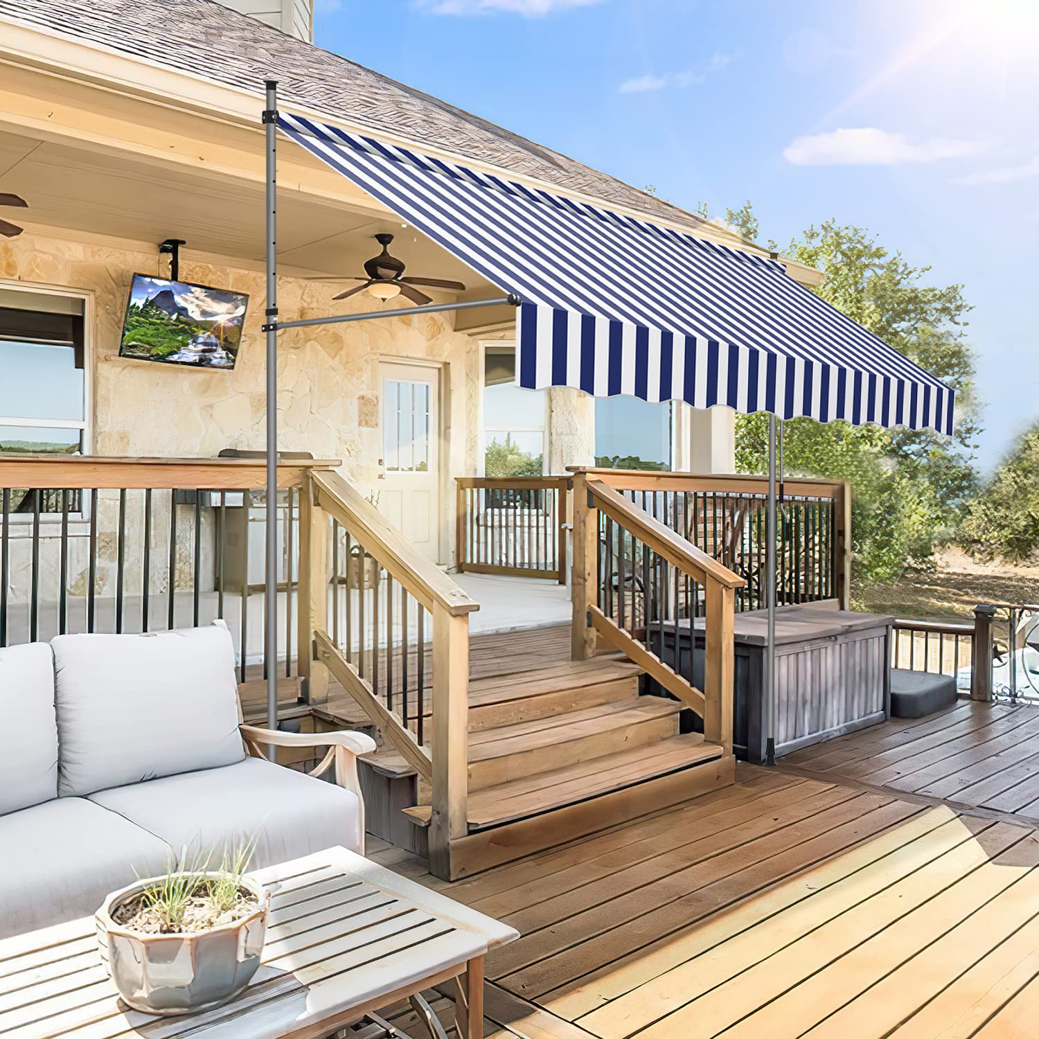 Balkon Markise ohne Bohren, 200 cm breit mit Handkurbel, höhenverstellbar, UV-beständig und wasserdicht, blau-weiß