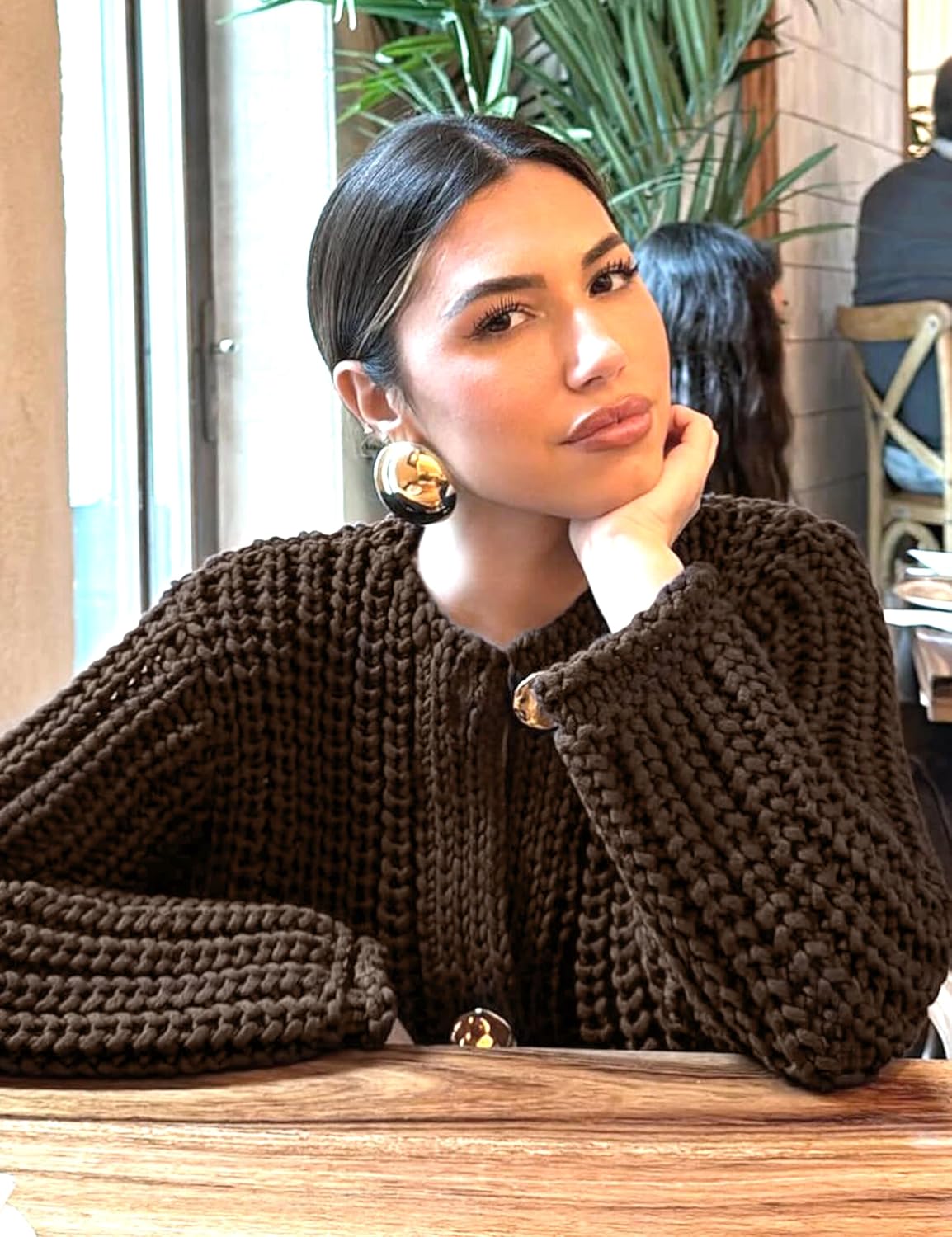 Womens Fall Chunky Knit Cardigan Gold Button Down Long Sleeve Crop Crochet Sweater - Image 3