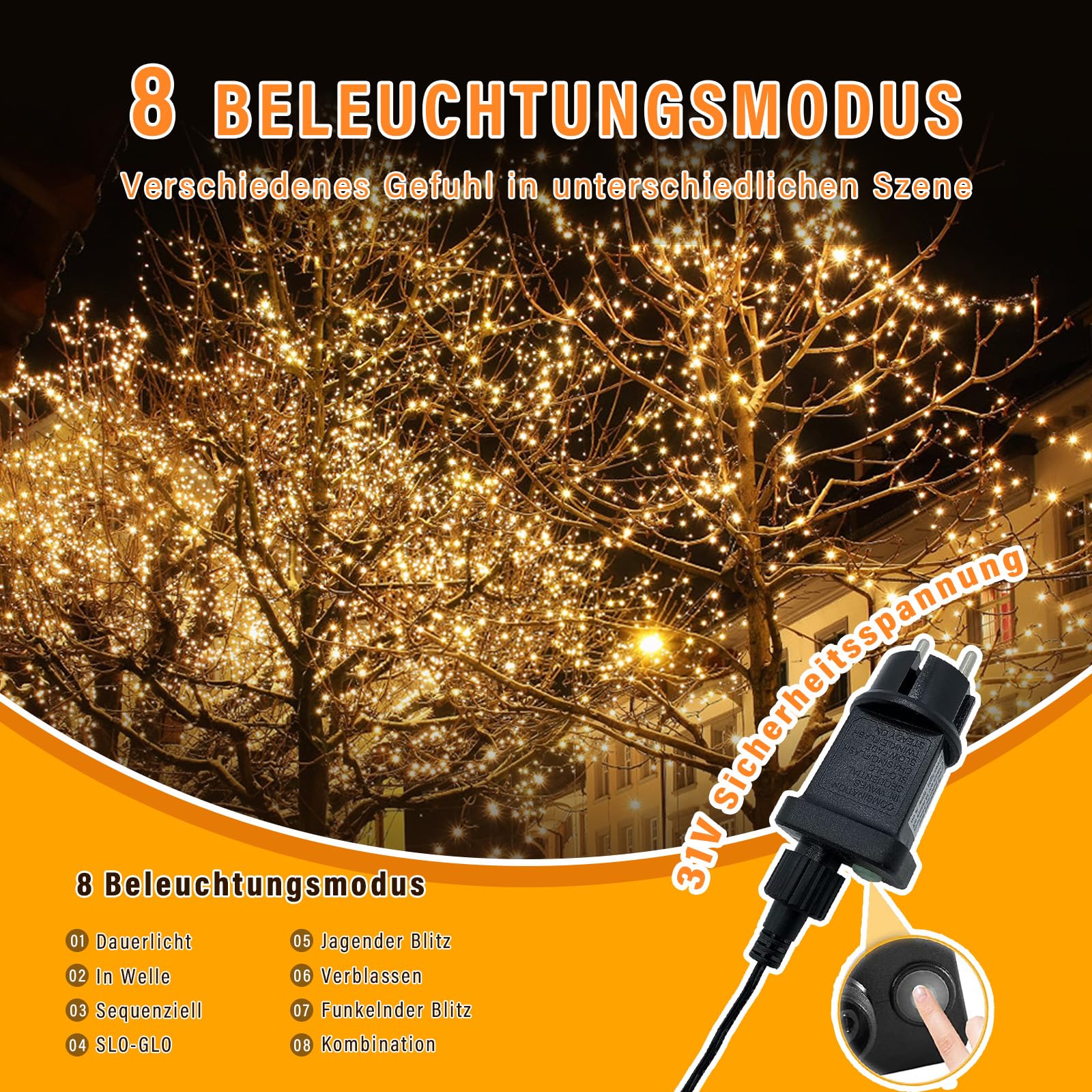 Lichterkette außen und innen,100M 1000 Led Cluster Lichterkette IP44 wasserdicht, 8 Beleuchtungsmodi - für Garten, Balkon, Hochzeit, Weihnachten & Wohnzimmerdekoration