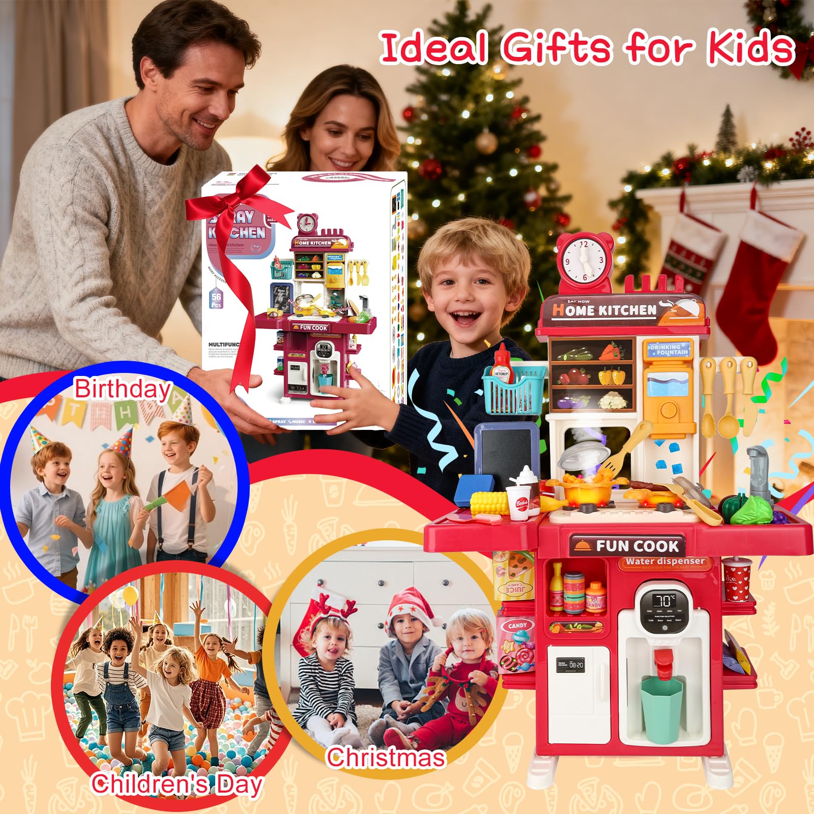 Cocina Juguete Niños Set de Cocina en Miniatura con Fregadero de Spray y Iluminación Realista, Juego de Cocina Simulada para Niñas y Niños de 3 4 5 Años, Regalo (Rojo)