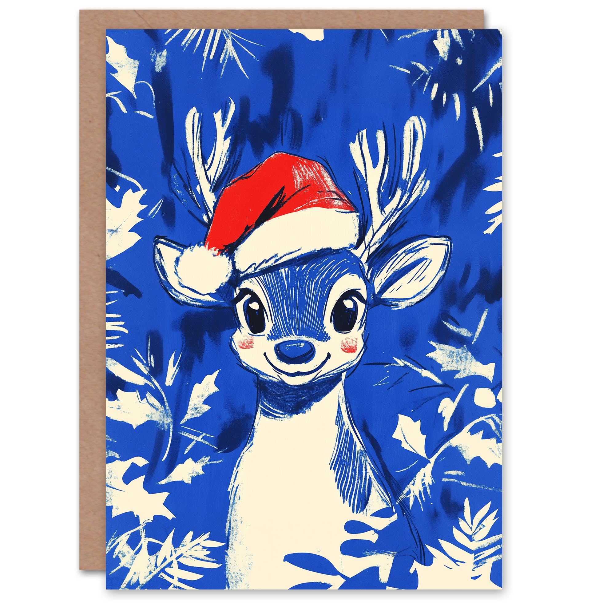 Artery8 Cute Baby Reindeer Santa Hat Holly Blue Blank For Him Or Her Art Xmas Festive Christmas Card