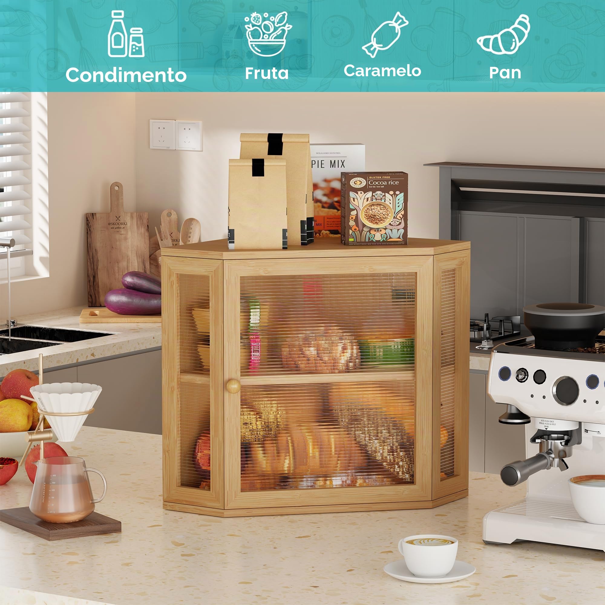 BEWISHOME Caja Para Guardar Pan de Bambú de 2 Pisos | Panera con Puerta Acrílica Ondulada Bread Bin 30 x 30 x 35 cm